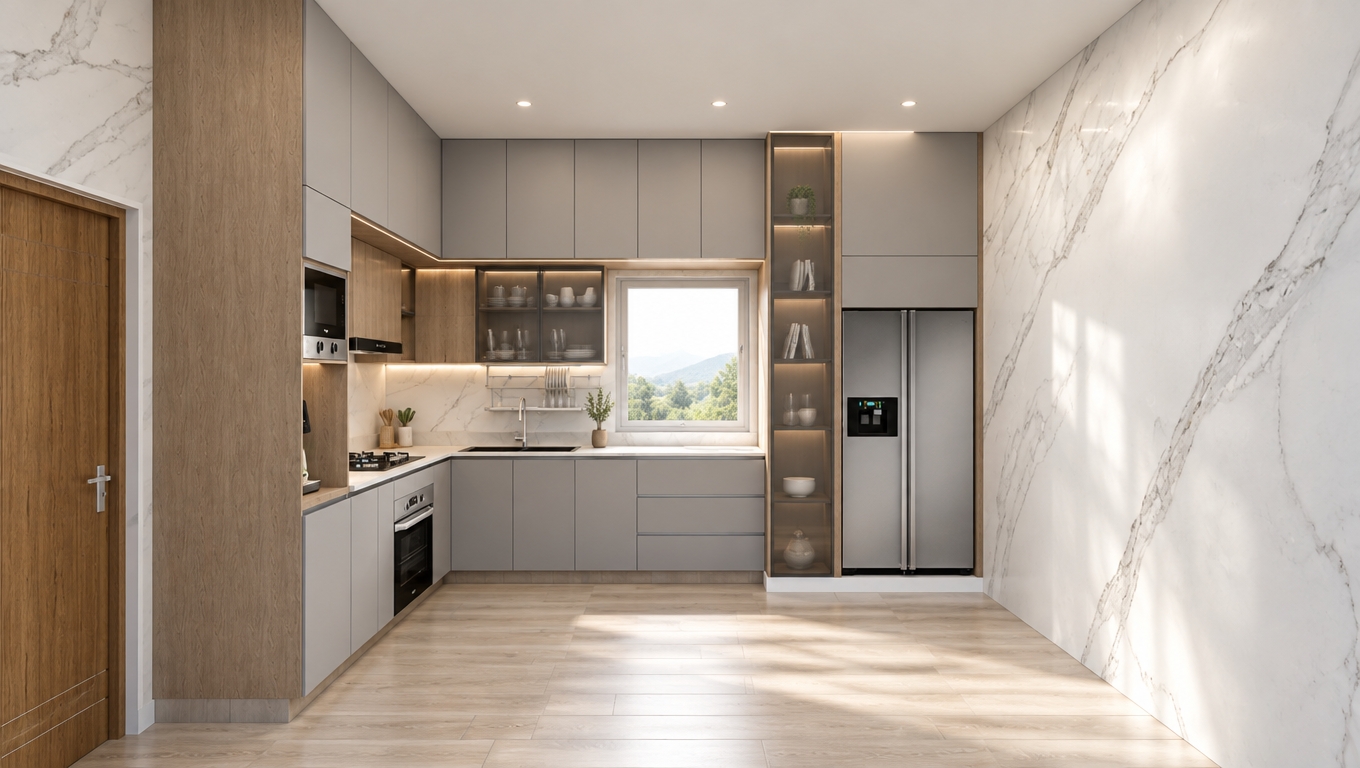 An incredibly lifelike, richly detailed, photorealistic interior shot of a minimalist kitchen sanctuary set in a contemporary home. The scene is illuminated by the soft, diffused glow of natural daylight streaming through the central window, creating a serene and zen-inspired atmosphere. Captured with a 24mm wide-angle lens, emphasizing the seamless integration of matte dove-gray cabinetry and warm, vertical-grain oak accents.

This minimalist haven features an uncluttered, L-shaped layout where function meets elegance. A striking slab of white Calacatta marble with delicate, sweeping gray veining anchors the right-hand wall, providing a luxurious textural contrast to the monochromatic cabinet palette. The sleek stainless steel appliances, including a built-in oven and a modern side-by-side refrigerator, are perfectly recessed into the cabinetry, maintaining a streamlined profile. A vertical, glass-fronted storage column adds a sophisticated touch, while the light-toned wood-look floor tiles expand the space, evoking a sense of calm and clarity. The composition is defined by clean lines and balanced proportions, resulting in a clutter-free, highly functional culinary space that feels both airy and grounded.