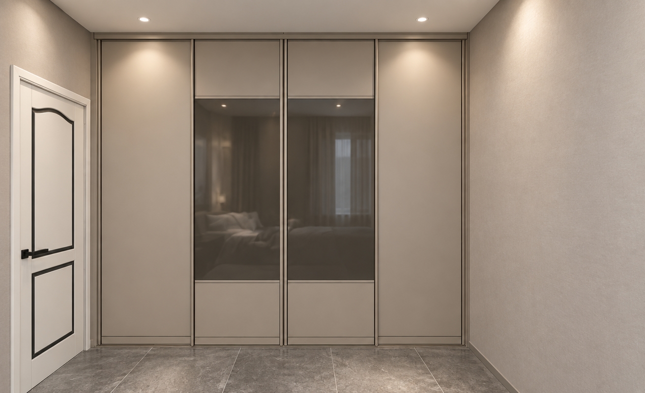 An incredibly lifelike, richly detailed, photorealistic eye-level interior shot of a sophisticated bedroom storage wall, set in a contemporary residential space. The scene is illuminated by soft, recessed ceiling spotlights that cast a gentle, diffused glow across the surfaces, creating a serene and high-end atmosphere without any harsh shadows. Captured with a 35mm lens, the focus emphasizes the subtle, matte finish of the taupe-colored cabinetry and the sleek, semi-reflective quality of the central glass panels, which offer a ghostly, muted reflection of the surrounding room. The cabinetry stands floor-to-ceiling, displaying clean, modern lines and precision joinery, complemented by the elegant, dark-trimmed white door to the left and the grounded, tactile texture of the large-format slate floor tiles. Every detail, from the crisp alignment of the wardrobe doors to the smooth transitions of the ambient light, conveys an air of effortless, contemporary elegance and architectural refinement.