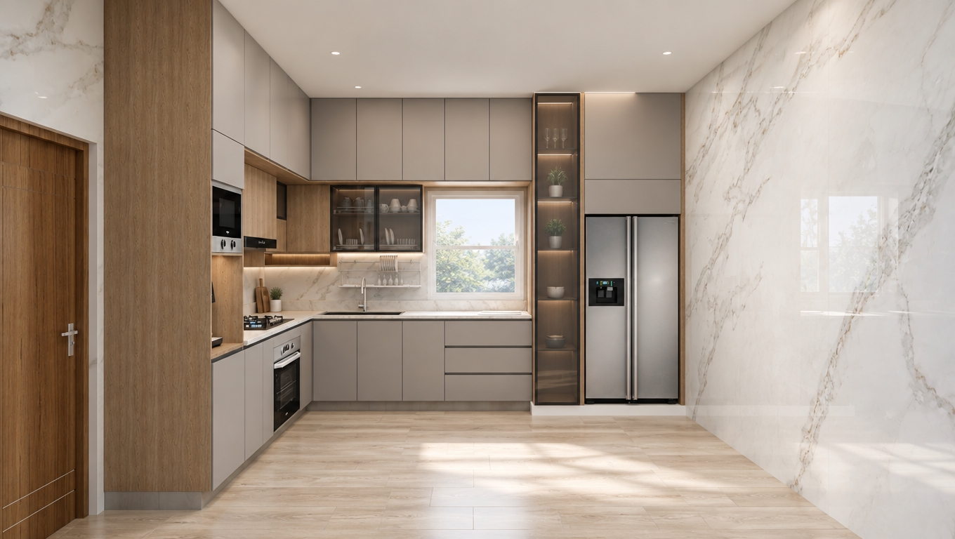 An incredibly lifelike, richly detailed, photorealistic interior shot of a minimalist kitchen sanctuary set in a contemporary home. The scene is illuminated by the soft, diffused glow of natural daylight streaming through the central window, creating a serene and zen-inspired atmosphere. Captured with a 24mm wide-angle lens, emphasizing the seamless integration of matte dove-gray cabinetry and warm, vertical-grain oak accents.

This minimalist haven features an uncluttered, L-shaped layout where function meets elegance. A striking slab of white Calacatta marble with delicate, sweeping gray veining anchors the right-hand wall, providing a luxurious textural contrast to the monochromatic cabinet palette. The sleek stainless steel appliances, including a built-in oven and a modern side-by-side refrigerator, are perfectly recessed into the cabinetry, maintaining a streamlined profile. A vertical, glass-fronted storage column adds a sophisticated touch, while the light-toned wood-look floor tiles expand the space, evoking a sense of calm and clarity. The composition is defined by clean lines and balanced proportions, resulting in a clutter-free, highly functional culinary space that feels both airy and grounded.