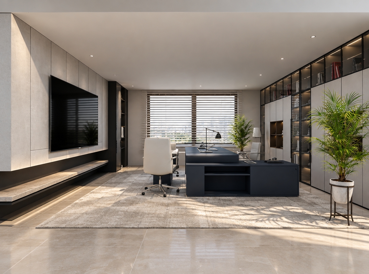 An incredibly lifelike, richly detailed, photorealistic interior perspective of a high-end executive office set in a minimalist corporate haven. The scene is illuminated by crisp, natural midday sunlight filtering through horizontal blinds, casting soft, elongated shadows across the room, creating a serene and professional atmosphere. Captured with a wide-angle 24mm lens, emphasizing the clean lines of the matte-navy custom desk and the textural depth of the light-toned, plush area rug that grounds the workspace. 

The room is defined by a sophisticated monochromatic palette, where the wall-mounted television is seamlessly integrated into a sleek, light-grey paneled feature wall. To the right, floor-to-ceiling cabinetry with glass-fronted displays offers a refined storage solution, contrasted by the organic vibrance of a potted palm tree that adds a touch of life to the sterile, modern aesthetic. The spatial relationship between the executive desk, centered for authority, and the minimalist wall treatments creates a perfect balance of form and function, characteristic of a bespoke VVIP office space. Every surface, from the smooth finish of the navy joinery to the subtle grout lines of the flooring, is rendered with precision, highlighting a space designed for clarity, focus, and prestige.