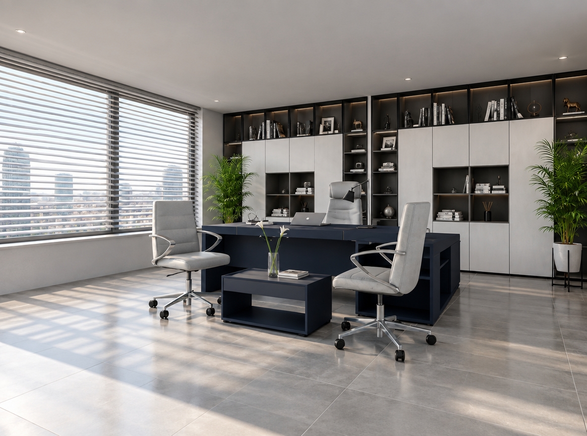 An incredibly lifelike, richly detailed, photorealistic interior shot of a sophisticated executive office set in a high-rise urban building. The scene is illuminated by soft, diffused midday summer light filtering through horizontal blinds, creating a serene, minimalist atmosphere. Captured with a 35mm wide-angle lens, emphasizing the crisp geometry of the matte navy desk and the clean, monochromatic palette of white and cool grays.

The room is a minimalist haven, characterized by an uncluttered, streamlined aesthetic where form perfectly follows function. Along the back wall, a bespoke floor-to-ceiling cabinetry system features white-lacquered panels contrasted by open dark-metal shelving, housing a curated collection of photography books and sparse, elegant decor. Two ergonomic swivel chairs with tactile, light-gray upholstery sit poised around the desk, reinforcing the Zen-inspired order of the space. Vibrant, lush indoor plants placed at the edges of the room add a touch of organic softness, their deep green leaves providing a subtle, grounding contrast to the smooth, tiled flooring and abstract architectural lines. Every surface remains meticulously clear, embodying an elegant, modern sanctuary designed for focused productivity.