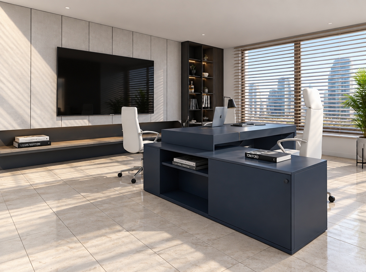 An incredibly lifelike, richly detailed, photorealistic interior shot of a sophisticated executive office set in a high-rise urban building during a bright, sunny summer midday. The scene is illuminated by soft, diffused natural light filtering through horizontal blinds, creating a serene and zen-inspired atmosphere. Captured with a 35mm wide-angle lens, emphasizing the crisp textures of the matte navy executive desk, the tactile white paneled feature wall, and the clean, grid-patterned stone flooring.

This minimalist haven is defined by an uncluttered, streamlined aesthetic where modern elegance meets functional design. A sleek, matte navy desk serves as the focal point, kept meticulously clear save for a slim laptop, a modern desk lamp, and a curated selection of photography books. The monochromatic color palette of soft whites and deep grays is punctuated by a lush, vibrant indoor plant, adding a touch of organic life to the precise architectural lines. Every element, from the recessed shelving to the ergonomic white office chairs, contributes to an environment of calm focus and refined professionalism.
