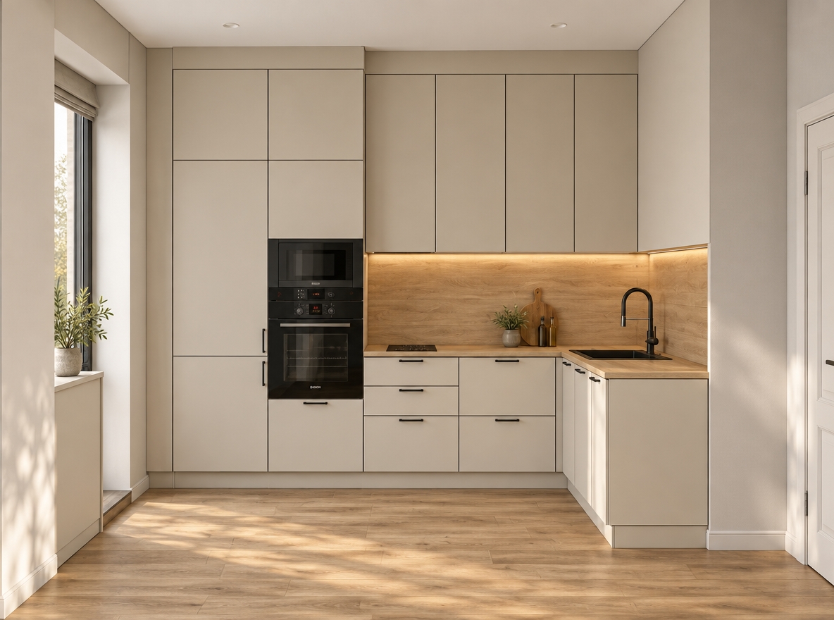 A professional architectural photograph of the kitchen scene, maintaining the exact straight-on camera angle, layout, and geometry. The matte beige cabinetry features realistic micro-textures, crisp seam lines, and thin black horizontal bar handles on the lower drawers and doors. The light natural wood countertop, matching backsplash, and wood plank flooring exhibit subtle grain and tactile warmth. A concealed warm LED strip under the upper cabinets casts a soft, continuous glow down across the wooden countertop and black sink area, complemented by cool, diffused natural daylight streaming from the left window. Realistic diffuse shadows, reflections in the glossy black glass of the stacked built-in ovens, and a balanced tonal range create convincing depth and natural photographic realism.