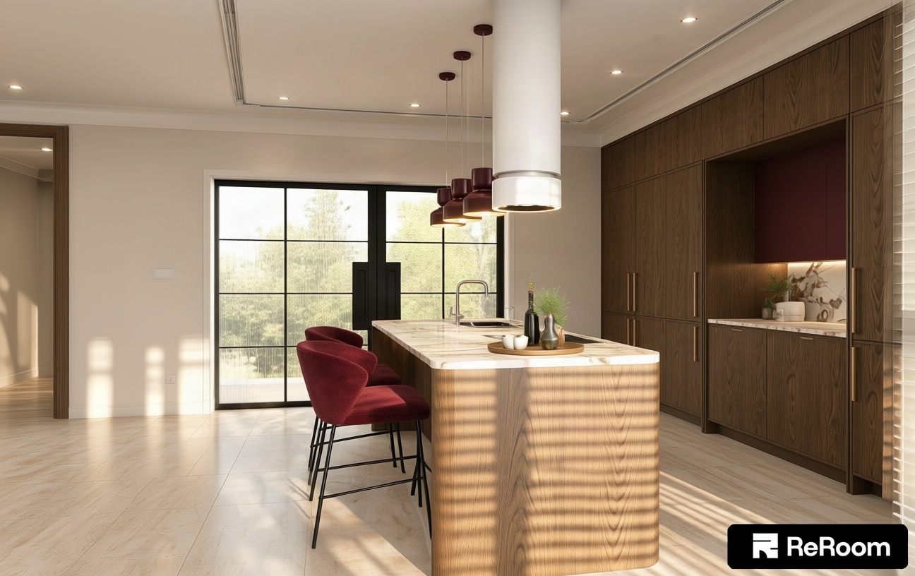 A clean architectural interior photograph of the kitchen, keeping the exact layout, geometry, and framing intact. The three burgundy bar stools feature tactile, plush velour upholstery with natural sheen, soft pile texture, and authentic fabric creases. Warm accent lighting illuminates the interior shelves of the dark glass display cabinet on the right, casting soft internal highlights and realistic reflections across the glass. Balanced ambient daylight enters through the side blinds to complement the warm glow of the three pendant lights, highlighting the natural wood grain of the cabinetry and the polished, reflective surface of the veined marble island. Captured with an architectural lens, natural depth of field, neutral color balance, and subtle film grain for a grounded, true-to-life photograph.