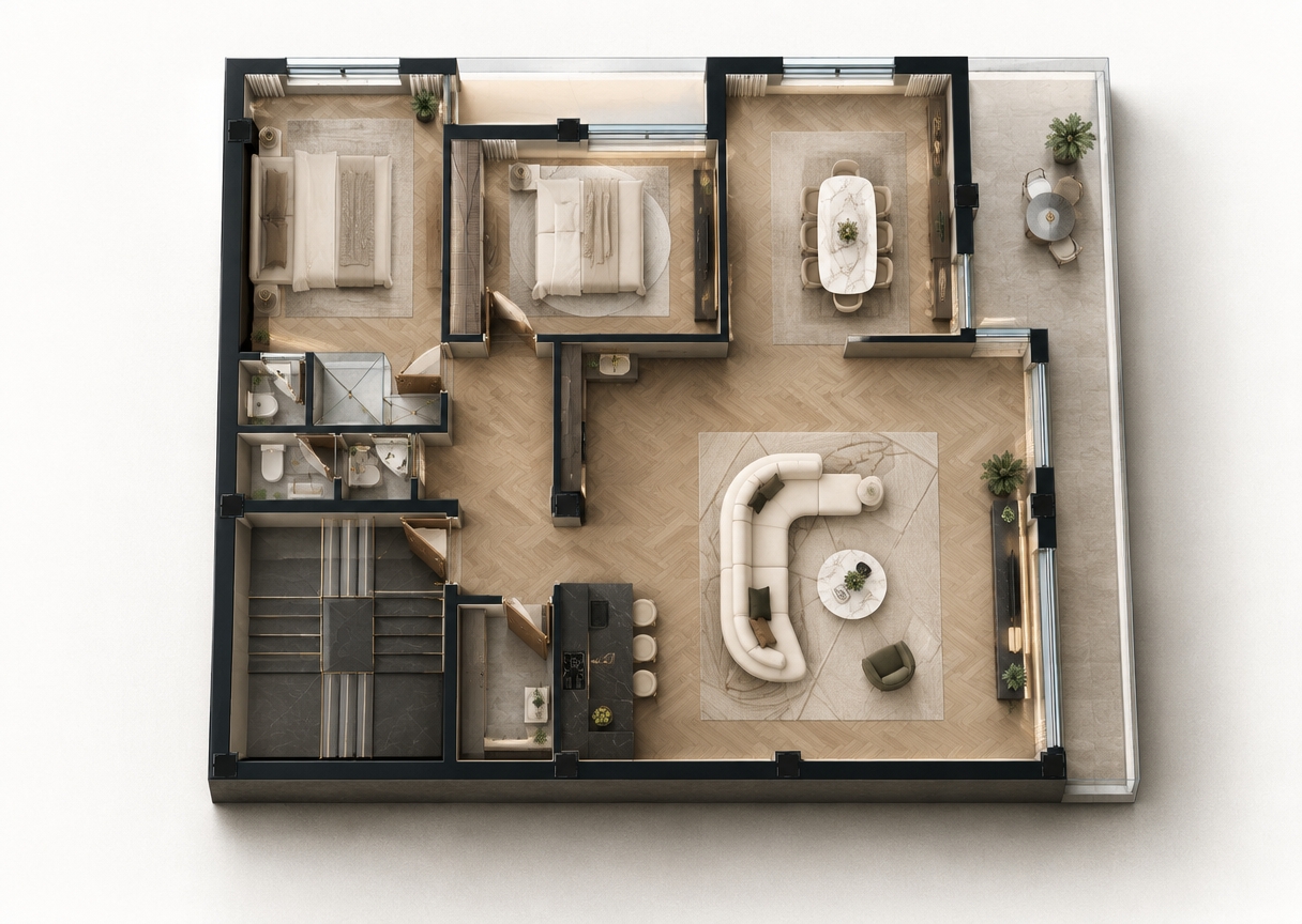 An incredibly lifelike, richly detailed, photorealistic elevated top-down bird's-eye architectural photograph of a fully realized, ultra-luxury modern residence set in an upscale urban high-rise. The scene is illuminated by soft, diffused daylight streaming through floor-to-ceiling perimeter windows paired with warm, recessed cove lighting and brass Art Deco pendant fixtures, creating a serene, sophisticated, and inviting atmosphere. Captured with a medium format camera on a high-mounted rig using a tilt-shift lens, emphasizing tactile material finishes from the herringbone white-oak parquet flooring to polished Calacatta marble surfaces. The expansive living space on the right showcases a curved ivory bouclé sectional sofa, a fluted marble coffee table, and an opulent geometric rug, flowing smoothly into the open-plan gourmet kitchen lined with matte charcoal cabinetry and brushed brass accents leading to the sunlit outdoor terrace. Across the hallway, past the crisply detailed staircase with dark stone treads, the private sleeping quarters feature plush king-size beds dressed in crisp neutral linens, tailored floor-to-ceiling wardrobes, and adjoining spa-like bathrooms rendered in micro-cement and polished terrazzo, perfectly balancing architectural precision with contemporary glamorous living.
