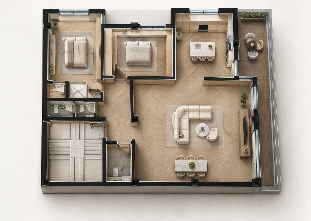 An incredibly lifelike, richly detailed, photorealistic bird's-eye cutaway photograph of a luxurious modern apartment interior set in a tranquil urban residence. The scene is illuminated by bright natural daylight streaming through expansive full-height perimeter windows and accented by warm, indirect recessed LED cove lighting, creating a serene, digital-zen atmosphere. Captured with a medium-format camera and architectural tilt-shift lens from an elevated top-down perspective, emphasizing the tactile textures of light herringbone oak flooring, polished travertine slabs, matte cabinetry, and soft linen textiles. 

In the open family living space (*نشیمن*), an elegant cream-colored modular sectional rests atop an organic wool rug alongside a low marble coffee table, with a minimalist slatted-wood media unit gracing the clean boundary wall. Adjacent, the refined kitchen (*آشپزخانه*) features seamless handleless cabinetry in warm muted oak, an integrated quartz waterfall island, and hidden designer appliances, effortlessly connecting to the sunlit outdoor terrace (*تراس*) styled with teak decking and subtle architectural greenery. The private bedrooms (*اتاق خواب*) are curated sanctuaries with low-profile upholstered platform beds, tailored off-white linens, and sleek flush-mount wardrobes, while the dressing area (*رختکن*), master bathroom, and guest powder rooms (*حمام*, *توالت*) showcase seamless microcement finishes, backlit floating mirrors, and brushed brass fixtures. Every wall, door swing, and corridor precisely preserves the original architectural boundaries, rendered with immaculate three-dimensional depth, soft directional ambient shadows, and an ultra-sophisticated neutral palette.