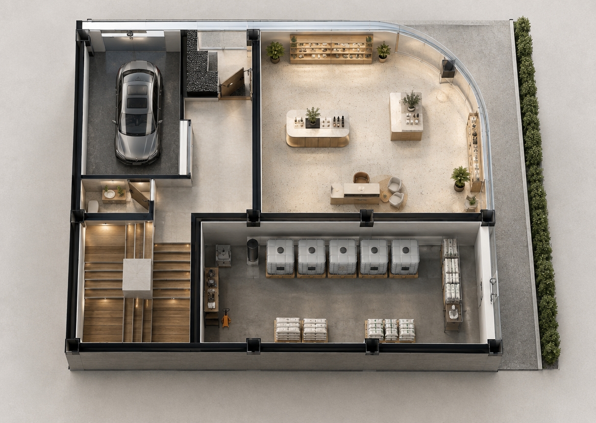 An incredibly lifelike, richly detailed, photorealistic elevated bird's-eye architectural cutaway photograph of a multi-functional modern building layout set in a pristine suburban context. The scene is illuminated by soft, natural daylight streaming through transparent curved glass facades and crisp, recessed warm LED interior downlights, creating a sophisticated and welcoming atmosphere. Captured with an ultra-sharp tilt-shift architectural lens from a high top-down isometric angle, emphasizing the rich contrast between polished concrete floors, warm oak accents, and sleek structural columns.

The layout faithfully manifests every designated zone: in the upper right, a bright, open-plan commercial retail space («تجاری») wraps gracefully along an expansive curved floor-to-ceiling glass wall, featuring polished terrazzo flooring, minimalist product display islands, and warm mid-century modern timber accents. Below it, an industrial yet clean and organized poultry fertilizer storage room («انباری کود مرغ») is fitted with sealed storage bins, matte concrete surfaces, and functional utility fixtures. On the left, a smooth, coated-epoxy parking bay («پارکینگ») is parked with a sleek vehicle beneath automated overhead tracks, sitting adjacent to a compact, luxuriously appointed powder room («توالت») finished in light travertine tiles with a floating vanity. Completing the circulation, a meticulously rendered multi-flight staircase crafted from floating solid-wood treads with subtle recessed step lighting rises elegantly in the lower left corner, flanked by pristine white load-bearing walls and rich, tactile finishes throughout.