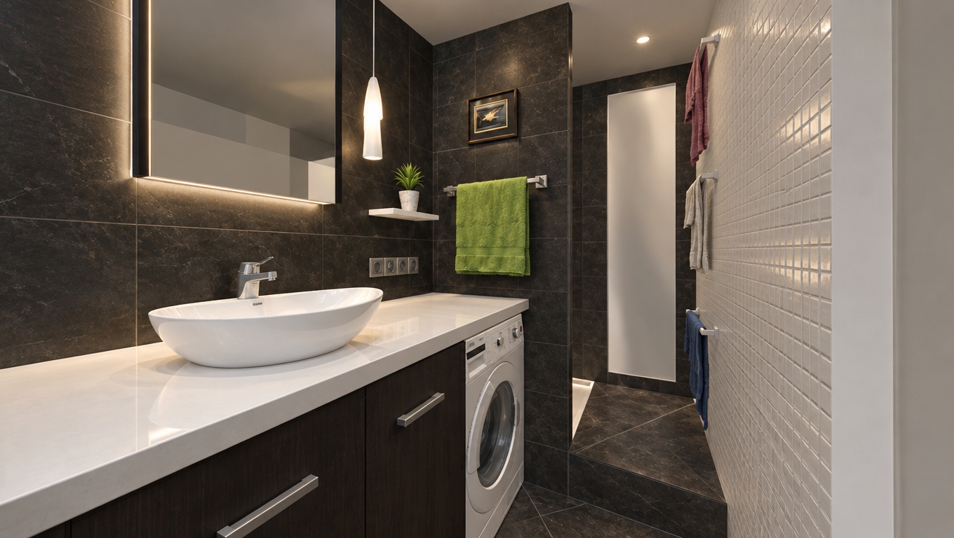 An incredibly lifelike, richly detailed, photorealistic interior photo of a contemporary, elegant bathroom set in a sophisticated urban apartment. The scene is illuminated by soft, diffused ambient light and the gentle glow of a sculptural pendant, creating a refined and balanced atmosphere. Captured with a 24mm wide-angle lens, emphasizing the crisp contrast between the deep, charcoal-toned stone tiles and the pristine white countertop. The composition highlights a sleek, vessel-style sink resting on a polished, warm-white surface that seamlessly integrates a front-loading washer, maintaining clean lines throughout. The dark stone wall provides a moody backdrop for a vibrant lime-green towel and an abstract piece of wall art, while slim, brushed-metal accents add a touch of modern luxury. Nearby, a curated selection of plush textiles in shades of pearl and soft gray hangs neatly, and a petite succulent on a floating shelf introduces a breath of organic life, grounding the space in understated elegance. The perspective draws the eye toward the partially concealed, walk-in shower area, showcasing a sophisticated spatial flow defined by exquisite textures, polished finishes, and a highly intentional, minimalist aesthetic.