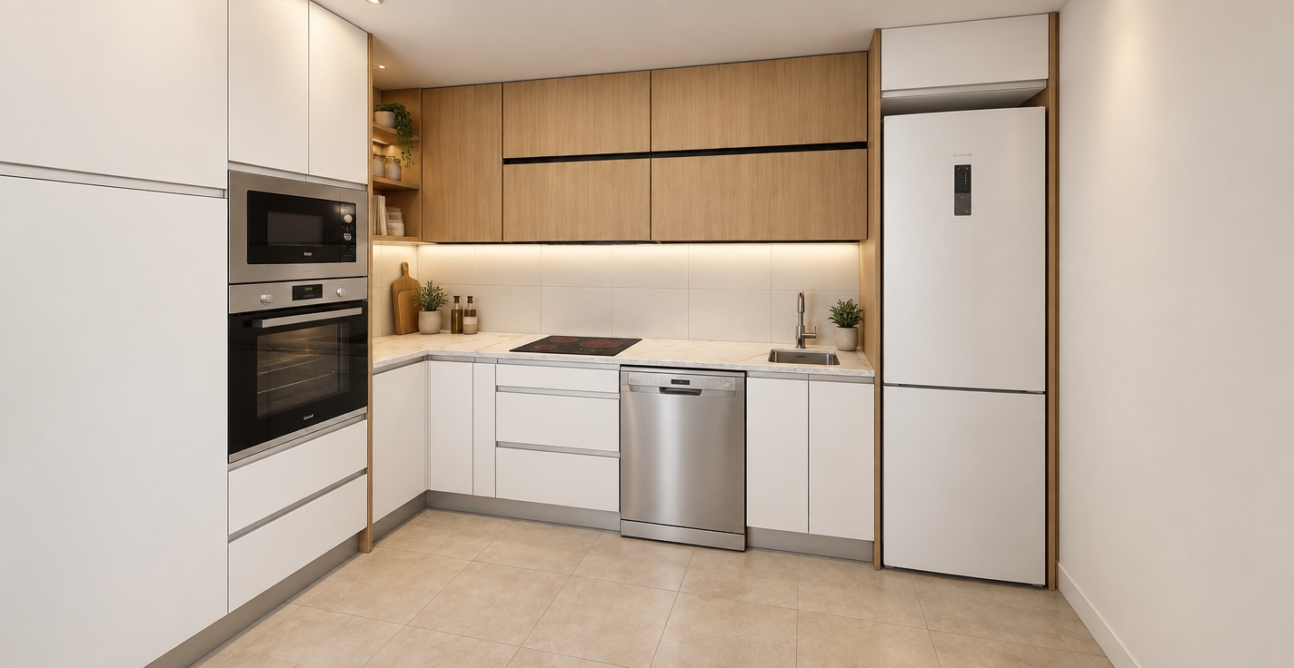 An architectural interior photograph of the exact kitchen layout, illuminated by soft, natural warm indoor lighting. The upper cabinetry exhibits authentic natural wood grain textures, contrasting with the smooth matte white finish of the surrounding cabinets and refrigerator surround. Built-in stainless steel and black glass appliances display realistic brushed reflections and soft specular highlights. The polished stone countertop, neatly tiled white backsplash, and matte beige floor tiles feature subtle, tactile surface imperfections and authentic grout lines. Captured with a rectilinear wide-angle lens maintaining exact vertical lines, balanced exposure, and natural contact shadows throughout.