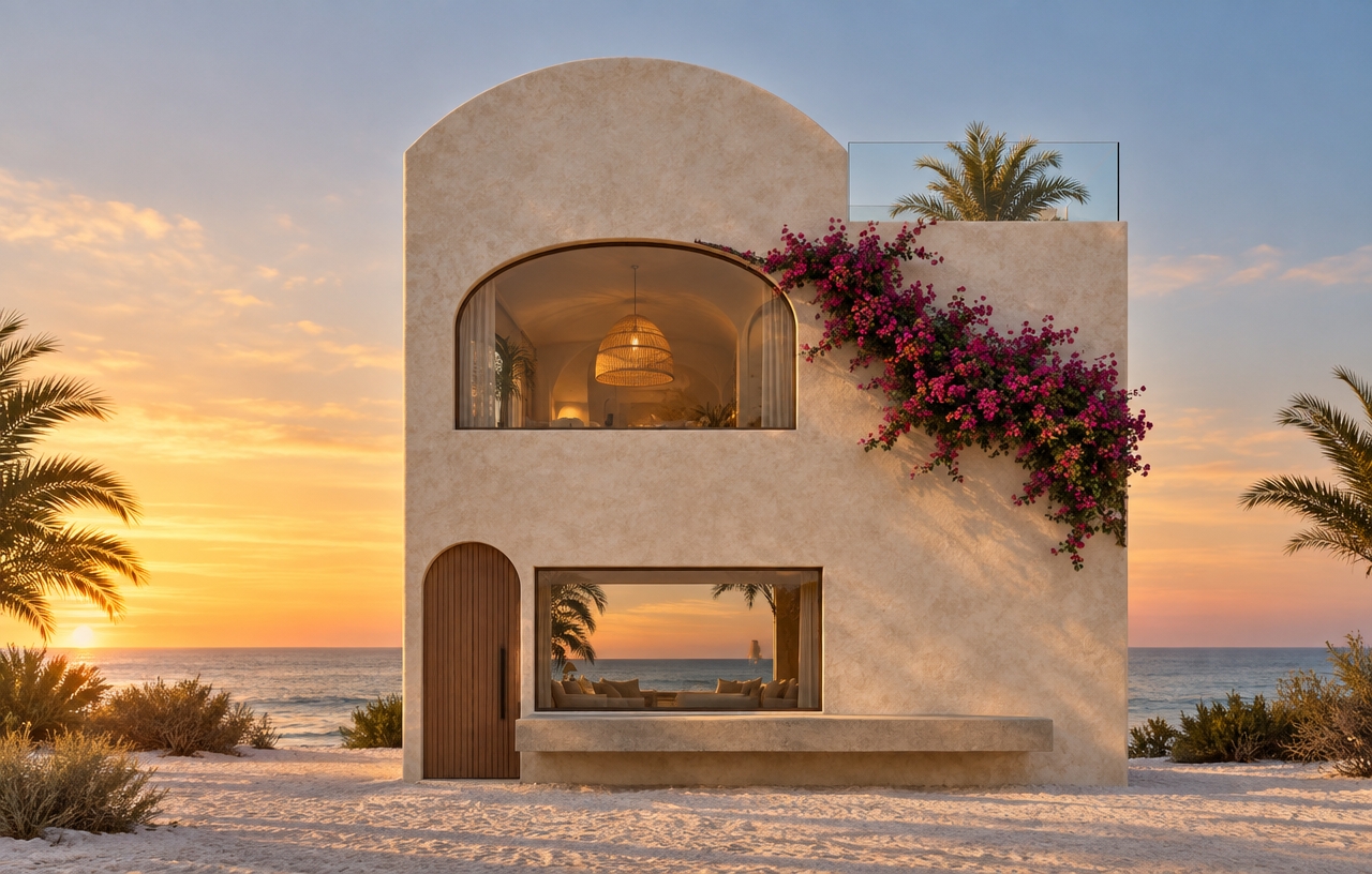 An incredibly lifelike, richly detailed, photorealistic eye-level exterior shot of a luxury boutique hotel lobby pavilion set in a pristine coastal desert retreat. The scene is illuminated by the soft, honeyed glow of a setting sun, creating a serene, meditative, and high-end resort atmosphere. Captured with a Phase One XF IQ4, 35mm lens, emphasizing the tactile plaster textures and the sharp, clean lines of the contemporary intervention.

The façade retains its iconic arched silhouette but has been refined with a more sophisticated material palette. The rough-hewn planter box has been removed, replaced by a sleek, cantilevered bench crafted from board-formed, sand-toned concrete that runs flush against the base of the window, providing a minimalist perch for guests to view the tide. The ground-floor window frame is now finished in a matte, brushed bronze, perfectly matching the vertical, fluted wood detailing on the arched entrance door.

The vibrant, cascading bougainvillea remains as a singular, organic focal point, providing a striking color contrast against the off-white, lime-wash textured exterior. The upper-level arched window remains the crown jewel, offering a transparent glimpse into the lobby’s interior, where a bespoke, oversized woven rattan pendant light glows softly, hinting at the warm, sand-dune-inspired interior palette within.

The glass railing on the rooftop terrace has been upgraded to an ultra-clear, frameless tempered glass system, allowing the silhouette of the lush palm fronds on the deck to blend seamlessly into the twilight sky. The ground plane is comprised of fine, untouched white silica sand, punctuated only by a few delicate shadow-plays from the surrounding palms. The composition is perfectly balanced, centered, and tranquil, with the horizontal plane of the horizon line grounding the verticality of the architecture. The depth of field is handled with professional precision, keeping the architectural details tack-sharp while the distant horizon dissolves into a creamy, ethereal bokeh of orange and cerulean hues.