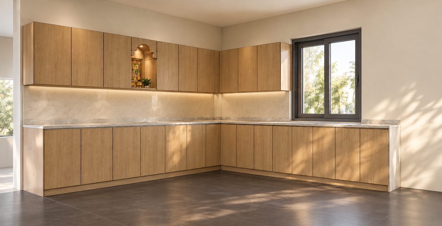 An incredibly lifelike, richly detailed, photorealistic interior shot of a bespoke contemporary kitchen set in an airy, sun-drenched residence. The scene is illuminated by soft, natural light streaming through the large window, creating a serene and sophisticated atmosphere. Captured with a 35mm wide-angle lens, emphasizing the fine grain of the light oak cabinetry and the gleaming, polished stone countertops.

The kitchen features clean-lined cabinetry finished in a warm, natural wood veneer that pairs beautifully with the surrounding walls painted in a soft, ethereal champagne hue. The L-shaped layout is anchored by a high-end stone countertop that reflects the ambient light, adding a layer of refined texture to the space. Integrated into the upper cabinets is a delicately recessed, arched niche serving as a curated devotional space, adorned with intricate, colorful traditional art and subtle decorative accents. A sleek, dark gray window frame provides a crisp, modern contrast to the light palette, while the floor—rendered in a sophisticated matte charcoal—grounds the room. The overall composition is one of balanced, understated elegance, where every line is deliberate and the integration of functional cabinetry with artistic detail creates a tranquil, high-end living environment.