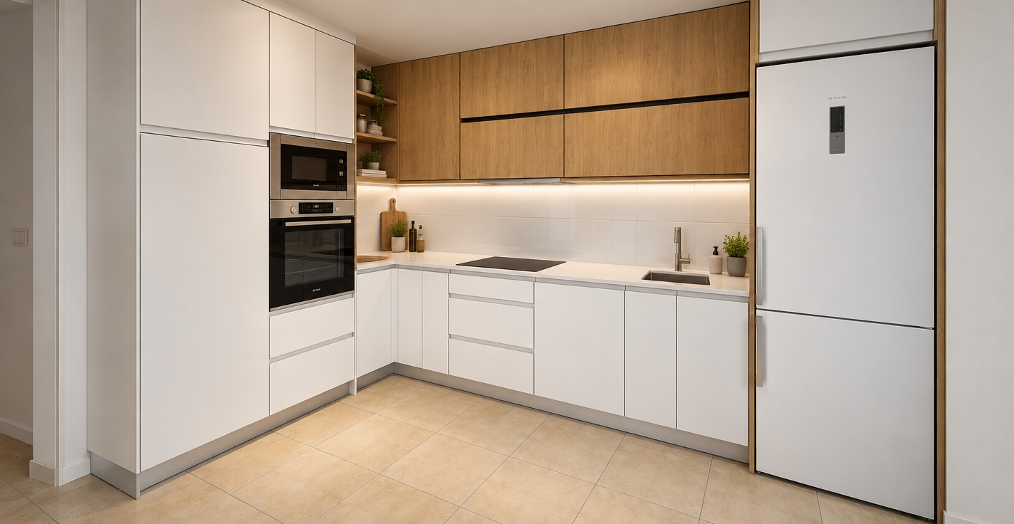 A sharp architectural photograph of the identical kitchen composition, illuminated by soft, neutral ambient daylight and warm under-cabinet task lighting. The vertical oak upper cabinets display rich natural wood grain, while the surrounding white cabinetry features an ultra-matte, smooth finish. The polished white countertop and square tiled backsplash reflect gentle, diffused highlights, contrasting with the authentic texture of the beige ceramic floor tiles and precise grout lines. The black induction cooktop and stainless steel built-in appliances feature realistic gloss and brushed metallic reflections, captured through a clean wide-angle lens with accurate perspective, realistic shadow depth, and natural photographic clarity.