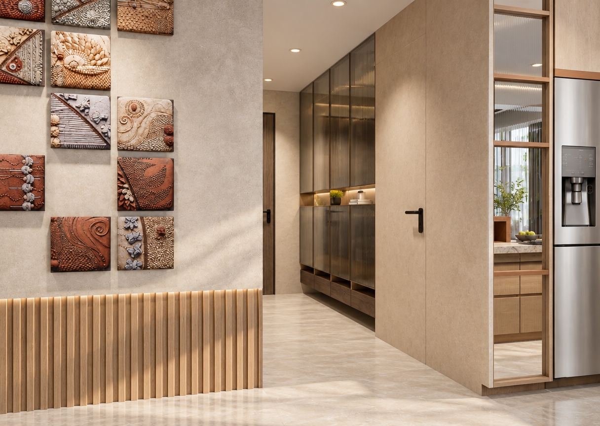 An architectural interior photograph shot in bright daytime, naturally balancing soft diffuse daylight with warm ambient recessed ceiling lights. The hallway cupboard features clear fluted glass panels with realistic vertical ribbing, subtle refractions, and soft interior reflections. Surfaces exhibit true-to-life textures, from the dimensional ceramic wall tiles and matte wood-slatted wainscoting to the brushed stainless steel refrigerator. Captured with an eye-level architectural lens, featuring crisp focus, soft natural contact shadows, and balanced dynamic range across all surfaces.