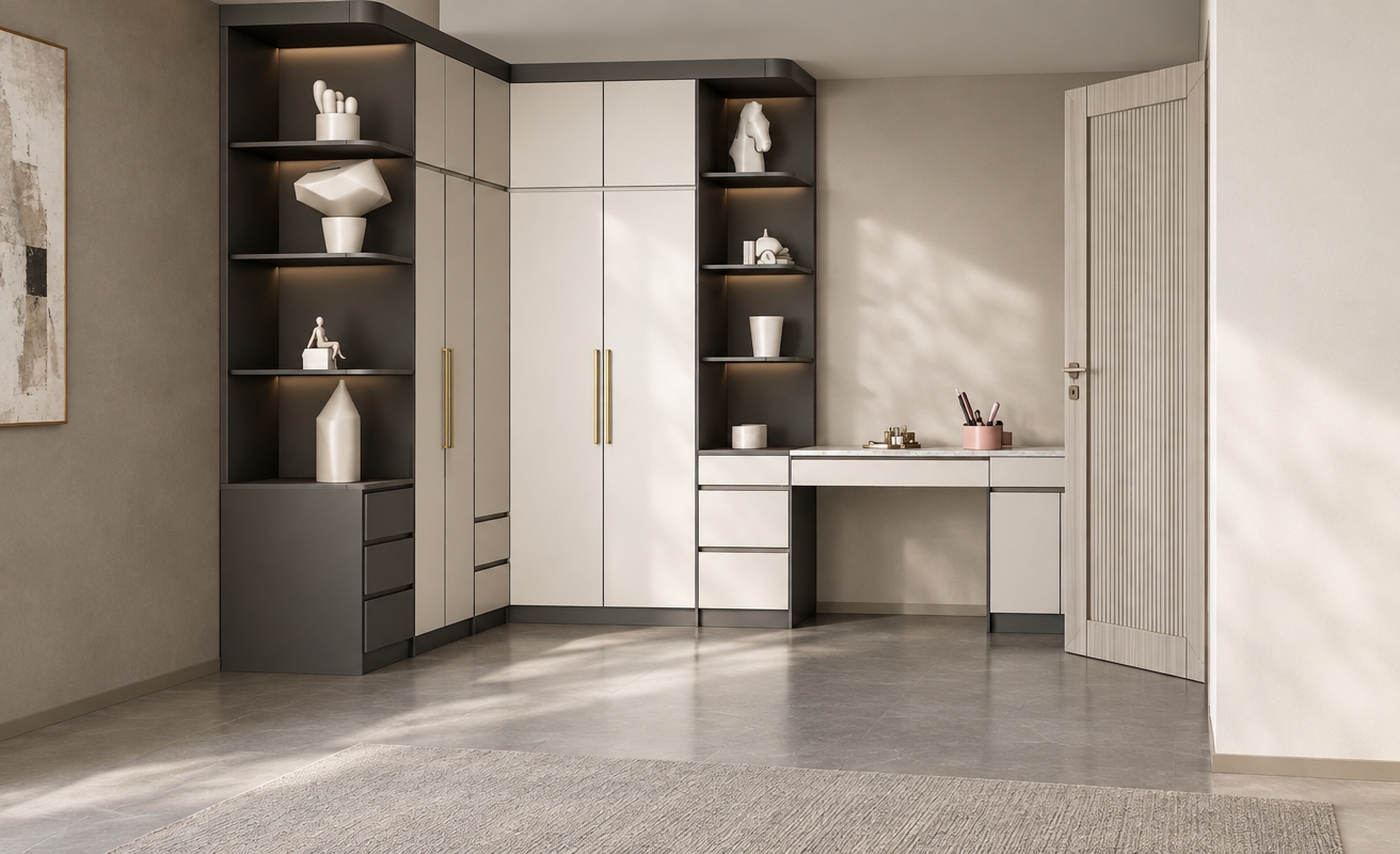 An incredibly lifelike, richly detailed, photorealistic interior shot of a sophisticated dressing and study suite set in a high-end contemporary residence. The scene is illuminated by soft, diffused natural light pouring in from the side, creating a serene and airy atmosphere. Captured with a 35mm wide-angle lens, the composition emphasizes the clean-lined geometry of the bespoke cabinetry, highlighting the exquisite contrast between the matte charcoal open shelving and the luminous pearl-white wardrobe fronts.

The custom-built joinery exhibits refined craftsmanship, featuring sleek champagne-gold metal handles that provide a touch of understated luxury. The integrated vanity area flows seamlessly into the storage unit, topped with a polished, cool-toned stone surface that reflects the curated decor—including minimalist sculptural objects and a delicate collection of stationery. To the right, a door with vertical fluting adds a subtle layer of architectural texture. The entire arrangement exudes a sense of balance and calm, with every element from the soft gray flooring to the abstract minimalist display pieces carefully placed to evoke a sense of modern, functional elegance.