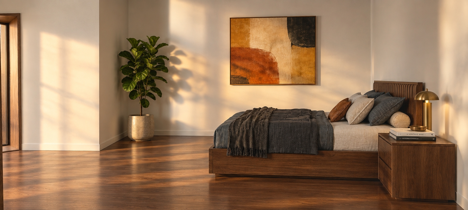 An incredibly lifelike, richly detailed, photorealistic interior shot of a sophisticated master bedroom set in a tranquil, mid-century modern residence. The scene is illuminated by the soft, diffused glow of golden hour sunlight streaming through a large window, creating a warm, timeless atmosphere. Captured with a 35mm lens, emphasizing the rich, organic grain of walnut wood furniture and the crisp, tactile textures of high-end textiles.

The bedroom exudes a sleek, uncluttered aesthetic, perfectly balancing form and function. A stunning walnut platform bed serves as the anchor, dressed in plush linens in muted blues and charcoal greys, draped with an inviting, thick-knit throw blanket. Beside it, a minimalist walnut nightstand hosts a small collection of curated items, including a vintage-inspired brass reading lamp and a stack of coffee table photography books. The walls are finished in a crisp, gallery-white plaster, showcasing a large piece of abstract wall art featuring a harmonious palette of burnt oranges and deep ochres. In the corner, a lush, architectural fiddle-leaf fig adds a touch of organic vitality, its vibrant green leaves contrasting beautifully against the warm wood tones. The composition is clean and linear, utilizing negative space to evoke a sense of calm and restful luxury, making the room feel like an iconic sanctuary of modern design.