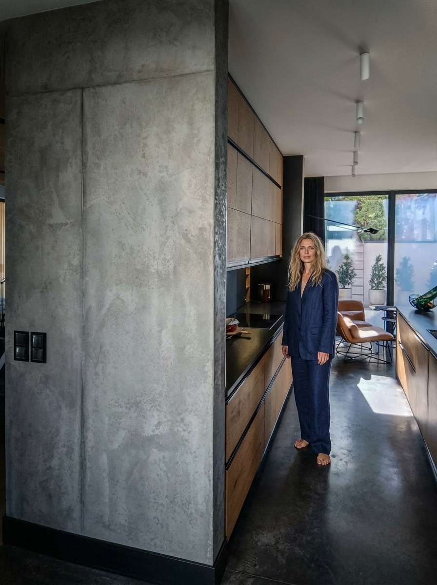 HYPER-REALISTIC ARCHITECTURAL INTERIOR PHOTOGRAPHY
— ABSOLUTE REFERENCE PRESERVATION
Transform the reference image into an ultra-realistic, high-end architectural lifestyle photograph while preserving absolutely everything visible in the original interior, completely removing the man taking the selfie in the foreground.
The reference image is the absolute visual source of truth for the architecture, kitchen, and background space.
The transformation is primarily about photographic realism, material realism, surface texture, lighting, atmosphere, depth, and natural human integration.
Do not redesign the interior.
Do not reinterpret the interior.
Do not replace the existing materials.
Do not change the existing finishes.
Do not change the architecture.
Do not change the furniture.
Do not change the composition.
The final image must look like the exact same interior photographed professionally with a high-end full-frame camera, with dramatically improved realism and material quality.
==================================================
ABSOLUTE PRESERVATION — HIGHEST PRIORITY
==================================================
Preserve exactly:
- architecture
- room geometry
- proportions
- dimensions
- walls
- ceiling
- floor
- kitchen island
- cabinetry
- cabinet layout
- tall units
- wall panels
- backsplash
- countertops
- appliances
- sink
- faucet
- lighting fixtures
- furniture
- lounge chair
- curtains
- decorative objects
- accessories
- windows
- glazing
- doors
- openings
- existing materials
- existing colours
- existing finishes
- object placement
- spatial relationships
- camera position
- camera height
- perspective
- focal-length appearance
- viewing direction
- framing
- crop
- composition
Do not add architectural elements.
Do not remove architectural elements.
Do not relocate anything.
Do not resize anything.
Do not simplify anything.
Do not reconstruct anything.
Do not modernize anything.
Do not make the kitchen more luxurious by changing its design.
Do not change the existing colour palette.
Do not change the existing material palette.
The original interior design must remain completely intact.
==================================================
EXISTING WOOD — PRESERVE EXACTLY
==================================================
The existing warm natural wood cabinetry and wall elements must remain exactly as shown in the reference.
IMPORTANT:
Do NOT transform the existing wood into dark walnut.
Do NOT make it darker.
Do NOT make it orange.
Do NOT make it reddish.
Do NOT make it yellow.
Do NOT change the wood species visually.
Do NOT change its existing colour identity.
The existing warm, natural, medium-light brown wood tone must remain faithful to the reference.
Only improve the realism and texture quality.
The wood should look like authentic high-end natural architectural veneer photographed in real life.
Create extremely realistic:
- fine natural wood grain
- subtle longitudinal grain direction
- delicate pore structure
- microscopic tonal variation
- natural growth variation
- subtle differences between veneer sheets
- realistic veneer transitions
- subtle surface irregularities
- extremely fine tactile texture
- realistic edge definition
- natural light absorption
- physically accurate reflectivity
The wood grain must remain relatively calm, elegant and architectural.
Avoid exaggerated rustic grain.
Avoid dramatic knots.
Avoid repetitive patterns.
Avoid cloned grain.
Avoid procedural texture.
Avoid perfectly uniform surfaces.
Avoid excessive sharpening.
The existing wood should simply become MORE REALISTIC, not DIFFERENT.
The result must look like the same cabinetry from the reference photographed with a better camera and realistic physical materials.
==================================================
WOOD SURFACE FINISH
==================================================
Preserve the existing matte-to-satin appearance of the wood.
Use subtle, physically accurate reflectivity.
The surface should have:
- soft diffuse reflection
- extremely subtle highlights
- realistic micro-roughness
- visible but restrained grain
- natural pore structure
- slight imperfections
- realistic depth
No high gloss.
No plastic appearance.
No laminate appearance.
No artificial smoothness.
No CGI wood.
No fake texture.
No excessive reflections.
==================================================
WALLS — ORIGINAL FINISH MUST REMAIN
==================================================
Preserve the existing concrete wall finish exactly as shown on the wall to the left of the image.
Do NOT replace the walls with wood.
Do NOT replace them with standard plaster.
Do NOT replace them with stone.
Do NOT add decorative plaster.
Do NOT add panels.
Do NOT change their colour.
Do NOT redesign them.
Only improve their texture and photographic realism.
The original wall surface should gain subtle:
- micro-texture
- natural surface irregularities
- very fine tonal variation
- realistic diffuse response
- subtle pores
- natural imperfections
- believable depth
- realistic light interaction
The texture must remain subtle.
It should be visible primarily through realistic light grazing across the surface rather than through exaggerated artificial detail.
The walls must still look like the exact same walls from the reference.
==================================================
BLACK ELEMENTS
==================================================
Preserve all existing black elements exactly.
This includes:
- black cabinetry
- black island
- black backsplash
- black vertical architectural elements
- black curtains
- black metal
- black frames
- black floor
Do not change their colour.
Do not lighten them.
Do not replace them.
Improve only their physical realism.
Black surfaces should retain deep, rich blacks while preserving subtle material information.
Use realistic:
- micro-roughness
- soft reflections
- subtle tonal variation
- natural specular response
- fine surface imperfections
- realistic light absorption
No artificial glossy black.
No plastic black.
No crushed black detail.
No CGI appearance.
==================================================
FLOOR — ORIGINAL DARK FLOOR PRESERVED
==================================================
The existing dark floor must remain exactly as shown.
Do NOT replace it with concrete.
Do NOT make it light grey.
Do NOT change its colour.
Do NOT change its geometry.
Do NOT introduce new joints.
Only improve its realism.
Add extremely subtle:
- natural micro-texture
- fine surface variation
- realistic diffuse reflection
- subtle sheen
- natural imperfections
- physically accurate light reflection
- realistic contact shadows
The floor must remain dark, elegant and understated.
No wet appearance.
No mirror reflection.
No excessive gloss.
No plastic texture.
==================================================
COUNTERTOPS
==================================================
Preserve the existing countertop exactly.
Maintain:
- colour
- geometry
- thickness
- edge profile
- surface character
- spatial position
Improve only its physical realism.
Create subtle:
- mineral variation
- micro-texture
- realistic roughness
- natural tonal variation
- physically accurate reflection
No material replacement.
No colour change.
==================================================
LIGHTING — DARK LUXURY ATMOSPHERE
==================================================
Maintain the lighting design of the original image while creating the atmospheric character of the reference.
The overall mood is:
DARK.
MOODY.
LOW-KEY.
WARM.
INTIMATE.
SOPHISTICATED.
QUIET.
LUXURIOUS.
ARCHITECTURAL.
NATURALLY LIVED-IN.
Use restrained cinematic underexposure while preserving sufficient information in the shadows.
The image should feel rich and atmospheric without becoming artificially dark.
Maintain deep blacks and controlled shadows.
Preserve realistic detail within darker areas.
Warm artificial lighting approximately 2700–3000K should remain subtle, soft, directional and physically believable.
The existing lighting fixtures must remain exactly where they are.
Do not add new light sources.
Do not create theatrical beams.
Do not create dramatic artificial rays.
Do not add excessive bloom.
Do not add lens flare.
Do not create stylized cinematic effects.
==================================================
NATURAL DAYLIGHT
==================================================
Natural daylight entering through the large glazing must remain present and believable.
Use soft, diffused daylight interacting naturally with:
- wood cabinetry
- black surfaces
- floor
- walls
- countertop
- furniture
- woman
- architectural elements
Daylight should create:
- soft highlights
- realistic shadow transitions
- subtle reflections
- natural colour transitions
- believable ambient illumination
The exterior view must remain unchanged.
==================================================
PHYSICALLY ACCURATE LIGHT–MATERIAL INTERACTION
==================================================
Use realistic:
- global illumination
- indirect bounce light
- ambient occlusion
- contact shadows
- cast shadows
- reflected light
- colour bounce
- realistic light falloff
- physically accurate exposure
- realistic specular response
The warm wooden surfaces should subtly influence nearby light.
The dark floor should absorb and softly reflect surrounding light.
The black surfaces should retain deep tonal density.
The walls should softly respond to daylight and warm artificial illumination.
Everything must belong to the same physical lighting environment.
==================================================
WOMAN — SAME WOMAN AS PREVIOUSLY CREATED
==================================================
Remove the man taking the selfie completely. In the kitchen space, add the SAME blonde woman from the previously created reference.
She must visually correspond to the exact same woman previously generated.
Do NOT create a different woman.
Do NOT create a generic blonde model.
Maintain the same:
- blonde hair
- hairstyle
- facial character
- facial proportions
- body proportions
- age appearance
- feminine silhouette
- natural beauty
- relaxed personality
- photographic realism
She should look like the exact same real woman photographed during the same architectural photoshoot.
==================================================
WOMAN — NATURAL INTEGRATION
==================================================
The woman must feel completely natural within this specific kitchen.
She is not posing for a fashion photograph.
She is naturally inhabiting the architectural space.
Her scale must correspond perfectly to:
- kitchen island
- cabinetry
- countertop
- ceiling height
- doors
- furniture
- floor
- architectural openings
Her feet must be correctly grounded on the existing floor.
Her body must follow the perspective of the room.
Her lighting must match the interior exactly.
Her exposure must match the photograph.
Her sharpness must match the surrounding architecture.
Her colour temperature must match the environment.
She must receive the same daylight and warm artificial illumination as the room.
No cutout effect.
No pasted-on appearance.
No compositing artefacts.
No halo.
No artificial outline.
No mismatched sharpness.
No mismatched colour.
No mismatched exposure.
==================================================
WOMAN — APPEARANCE
==================================================
Naturally beautiful adult blonde woman.
Long, loose, softly wavy blonde hair.
Warm natural blonde colour with subtle darker roots.
Individual hair strands must be visible.
Natural flyaway hairs.
Realistic hair density.
Natural volume.
Subtle highlights.
Realistic facial proportions.
Natural facial asymmetry.
Realistic skin pores.
Subtle imperfections.
Natural tonal variation.
Believable skin translucency.
Physically accurate subsurface scattering.
No plastic skin.
No airbrushed skin.
No beauty filter.
No excessive retouching.
No mannequin appearance.
No generic AI face.
==================================================
OUTFIT — SAME DESIGN, NAVY BLUE
==================================================
The woman wears the relaxed two-piece outfit described: a sophisticated deep navy blue ensemble.
The outfit consists of:
- relaxed oversized tailored blazer
- matching very wide-leg full-length trousers
- flowing wide trouser silhouette
- relaxed contemporary tailoring
- understated luxury aesthetic
- premium linen-look textile
- matte tactile surface
IMPORTANT:
The cut, proportions, silhouette and character of the outfit remain the same.
The outfit colour must be:
DEEP NAVY BLUE
RICH DARK NAVY
SOPHISTICATED BLUE
SLIGHTLY DESATURATED
ELEGANT AND ARCHITECTURAL
Avoid:
- bright blue
- royal blue
- electric blue
- cyan
- turquoise
- purple-blue
- overly saturated blue
- black clothing
The navy should remain visibly navy rather than becoming black.
The clothing must interact naturally with the warm interior lighting and existing wood.
The warm light may create extremely subtle warm tonal influence on the navy fabric while the underlying garment remains clearly deep navy blue.
==================================================
LINEN / FABRIC REALISM
==================================================
The navy outfit must look like genuine premium linen or high-quality linen-look fabric.
Include:
- visible but subtle woven fibre structure
- natural weave irregularities
- realistic textile density
- soft creasing
- natural wrinkles
- gravity-driven folds
- realistic compression
- subtle tension around elbows
- realistic folds around waist
- natural draping around hips
- natural folds around legs
- matte light absorption
- subtle highlights
The trousers must remain VERY WIDE and full-length.
The blazer must remain relaxed and slightly oversized.
The fabric must respond naturally to gravity and body movement.
No synthetic appearance.
No plastic texture.
No glossy fabric.
No perfectly smooth surface.
==================================================
BAREFOOT
==================================================
The woman remains barefoot.
Feet must be:
- anatomically correct
- realistically proportioned
- naturally positioned
- correctly grounded
- physically connected to the floor
Use subtle realistic contact shadows.
No floating feet.
No distorted toes.
No anatomical errors.
==================================================
POSE
==================================================
The woman's pose should be relaxed, subtle and believable.
Avoid a fashion-model pose.
Avoid exaggerated gestures.
Avoid dramatic body language.
Use natural weight distribution.
Relaxed shoulders.
Natural arms and hands.
Subtle asymmetry.
Natural posture.
She should look as if she is simply standing or moving naturally through the kitchen during a real architectural photoshoot.
She should NOT look like she is intentionally posing for the camera.
==================================================
HUMAN–ARCHITECTURE INTEGRATION
==================================================
The woman must be physically integrated into the exact existing space.
Her body must follow the same perspective and spatial depth as the room.
Her lighting must match the architecture.
Her skin, hair and navy clothing must respond to the same:
- daylight
- warm artificial lighting
- reflected light
- colour bounce
- ambient occlusion
- contact shadows
- cast shadows
Her presence must feel physically captured inside the kitchen, not digitally inserted afterwards.
==================================================
CAMERA — COMPLETELY LOCKED
==================================================
The camera remains COMPLETELY LOCKED.
Preserve exactly:
- camera position
- camera height
- viewing direction
- focal-length appearance
- perspective
- framing
- crop
- composition
- architectural proportions
- spatial relationships
Do not:
- move camera
- zoom
- crop
- pan
- tilt
- rotate
- dolly
- shift
- reframe
- change lens
- change perspective
The woman must be introduced into the existing composition without changing the camera.
==================================================
PHOTOGRAPHIC REALISM
==================================================
The image must look like a genuine high-end architectural photograph captured on a professional full-frame camera.
Create:
- organic photographic sharpness
- realistic micro-contrast
- natural tonal roll-off
- realistic highlight behaviour
- realistic shadow transitions
- subtle optical characteristics
- subtle film grain
- natural colour response
- physically accurate reflections
- authentic material depth
No CGI.
No 3D render.
No digital illustration.
No artificial perfection.
No excessive HDR.
No oversharpening.
No excessive clarity.
No fake micro-detail.
No artificial bokeh.
==================================================
FINAL ATMOSPHERE
==================================================
The final image should have the same dark-luxury atmosphere:
dark, moody, warm, intimate, sophisticated, calm and tactile.
The interior should feel like a premium architectural editorial photograph.
The combination of:
warm natural wood,
deep black architectural elements,
dark floor,
soft daylight,
restrained warm artificial lighting,
deep navy clothing,
natural textures,
and subtle shadow depth
should create a sophisticated, understated and luxurious atmosphere.
Do not make the image dramatically cinematic.
Do not stylize the interior.
The mood must come from realistic exposure, materiality, lighting and colour relationships.
==================================================
FINAL QUALITY
==================================================
The final image must be completely indistinguishable from a real high-end architectural photograph.
The architecture remains exactly the same.
The materials remain exactly the same.
The colours of the interior remain exactly the same.
The camera remains exactly the same.
The composition remains exactly the same.
The selfie-taking man is completely removed, and the interior behind him is seamlessly revealed.
The woman is the same blonde woman previously created.
Her outfit has the relaxed two-piece silhouette in deep navy blue.
She is naturally integrated into the kitchen and physically grounded in the existing environment.
Improve the realism of EVERYTHING that already exists.
Do not redesign anything.
==================================================
NEGATIVE CONSTRAINTS
==================================================
NO CHANGE TO ARCHITECTURE.
NO CHANGE TO WALL FINISH.
NO CHANGE TO FLOOR FINISH.
NO CHANGE TO WOOD COLOUR.
NO DARK WALNUT.
NO LIGHT CONCRETE.
NO MATERIAL REPLACEMENT.
NO CHANGE TO CABINETRY.
NO CHANGE TO FURNITURE.
NO CHANGE TO OBJECT PLACEMENT.
NO CHANGE TO LIGHTING DESIGN.
NO CHANGE TO CAMERA.
NO CHANGE TO PERSPECTIVE.
NO CHANGE TO COMPOSITION.
NO REDESIGN.
NO REARRANGEMENT.
NO NEW ARCHITECTURAL ELEMENTS.
NO CGI LOOK.
NO 3D RENDER LOOK.
NO PLASTIC MATERIALS.
NO PROCEDURAL TEXTURES.
NO FAKE WOOD GRAIN.
NO EXCESSIVE WOOD GRAIN.
NO EXCESSIVE GLOSS.
NO ARTIFICIAL HDR.
NO EXCESSIVE SHARPNESS.
NO ARTIFICIAL BOKEH.
NO THEATRICAL LIGHTING.
NO LENS FLARE.
NO FASHION POSE.
NO CHILDREN.
NO ADDITIONAL PEOPLE.
NO DIFFERENT WOMAN.
NO GENERIC AI FACE.
NO BEAUTY FILTER.
NO PLASTIC SKIN.
NO DISTORTED HANDS.
NO DISTORTED FEET.
NO ANATOMICAL ERRORS.
NO FLOATING BODY.
NO CUTOUT EFFECT.
NO HALO.
NO COMPOSITING ARTEFACTS.