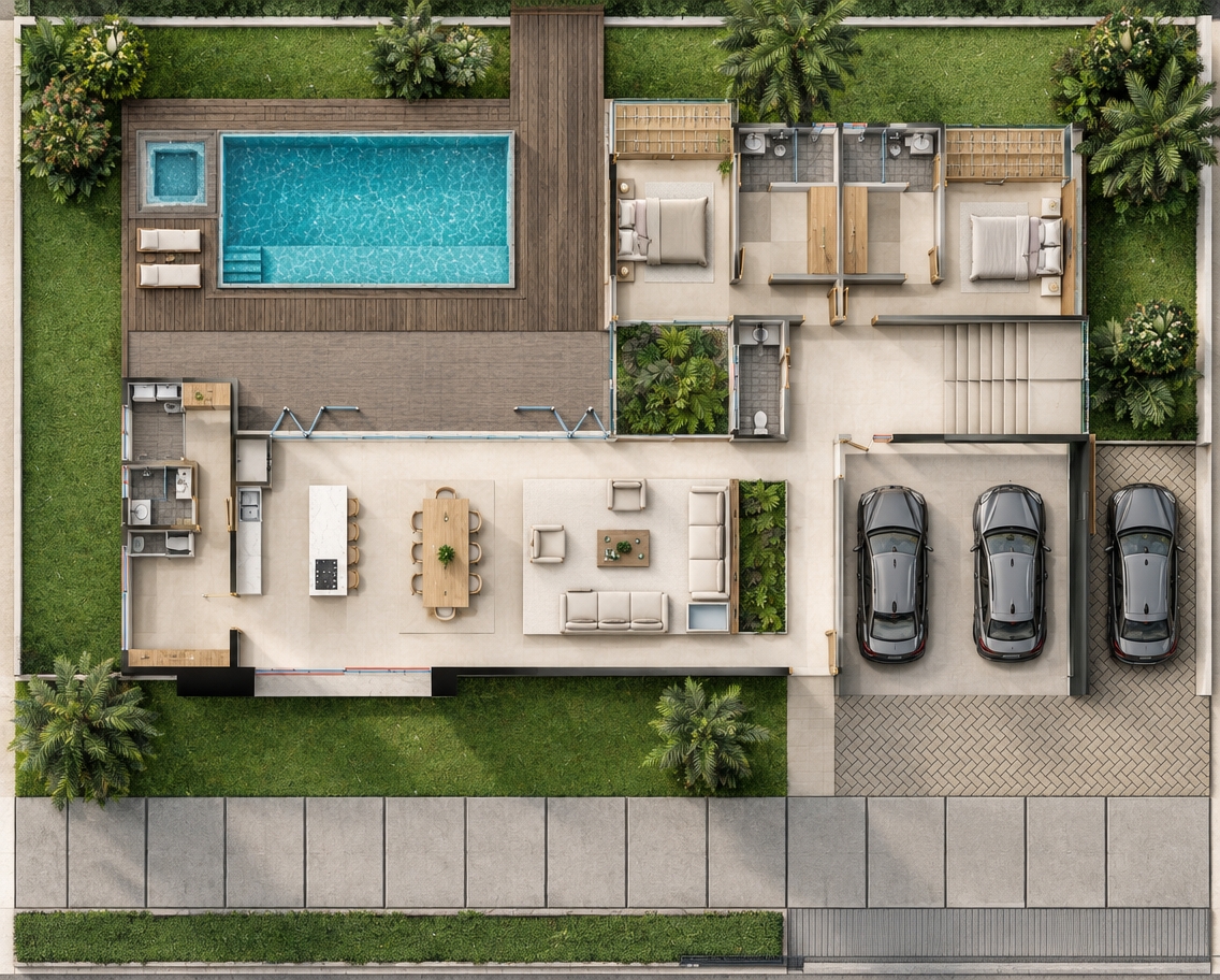 An incredibly lifelike, richly detailed, photorealistic top-down architectural photograph of an open-concept luxury residence designed as a modern Scandinavian sanctuary set in a lush spring landscape. The scene is illuminated by bright, clear midday sunlight that casts gentle, sharp architectural shadows, creating a serene, warm, and inviting atmosphere. Captured with a high-resolution medium-format overhead camera, emphasizing the smooth texture of matte light beige porcelain floor tiles across the main living quarters, natural light oak millwork, and the shimmering surface of the turquoise swimming pool. 

The expansive great room features a seamless open-plan kitchen and dining layout adorned with minimalist light oak furnishings, extending gracefully through wide openings to an outdoor entertaining terrace tiled in textured dark beige stone. Adjacent lies a crisp lap pool and spa framed by deep-toned teak wood decking and crisp sun loungers. Private bedrooms boast matching light oak closets and doors, accompanied by spa-like bathrooms detailed in rich wood-toned gray porcelain tiles. Vibrant green lawns, curated interior planter lightwells, and mature tropical palms wrap the perimeter in lush greenery, perfectly balancing the modern architectural precision and the sleek stone-paved driveway.