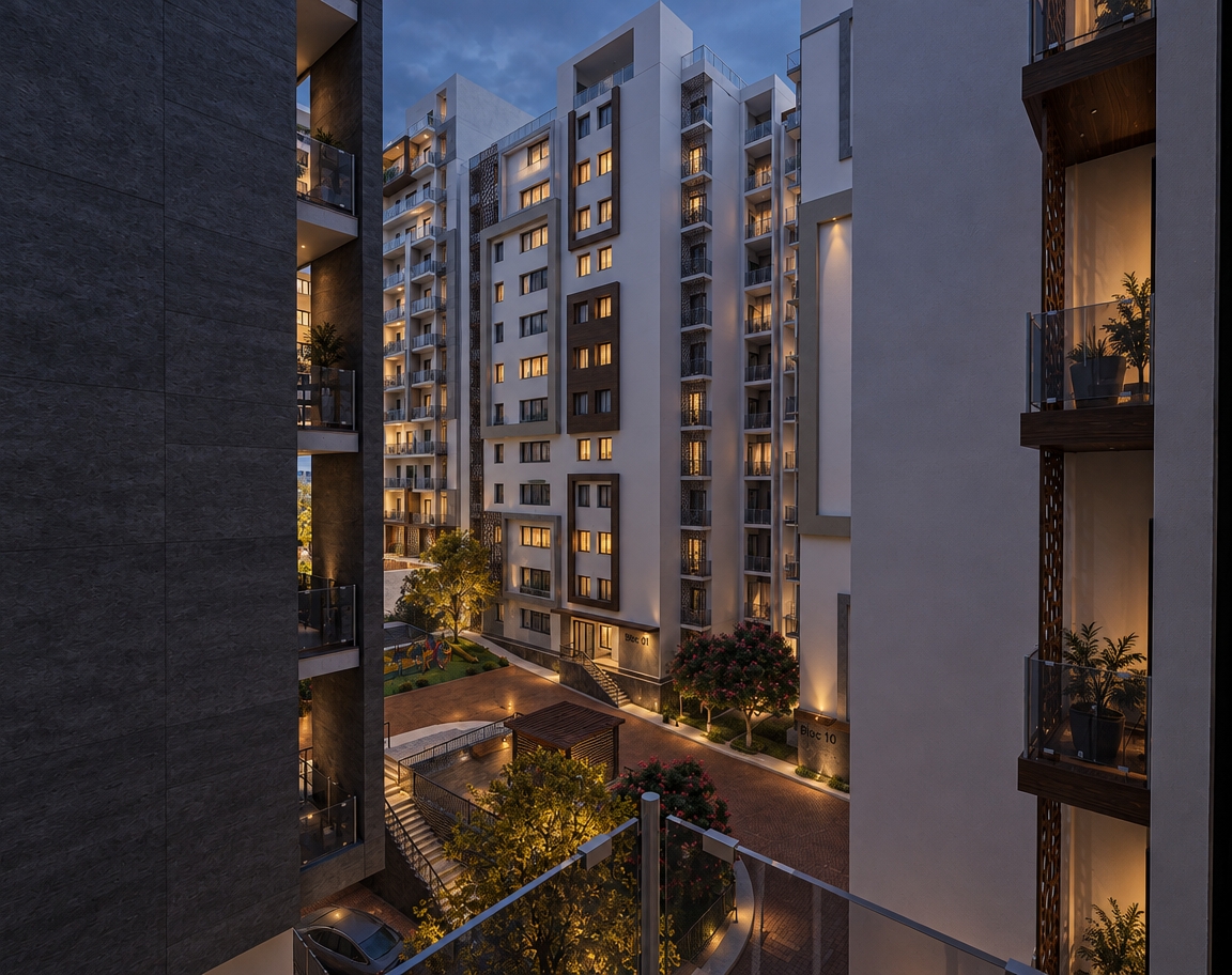 Cinematic architectural photograph during blue hour dusk, capturing the modern residential courtyard with the exact composition and framing preserved. The scene is bathed in cool, diffused twilight ambient light from a softly overcast sky, counterbalanced by warm, inviting interior illumination spilling naturally from select apartment windows. Concrete, dark wood panelling, and glass balconies exhibit authentic micro-textures, faint weathering, and true-to-life reflections, while the courtyard trees and paved walkways display natural depth. Captured with a professional wide architectural lens, featuring balanced high dynamic range, delicate atmospheric haze, faint edge vignetting, and fine photographic sensor grain.