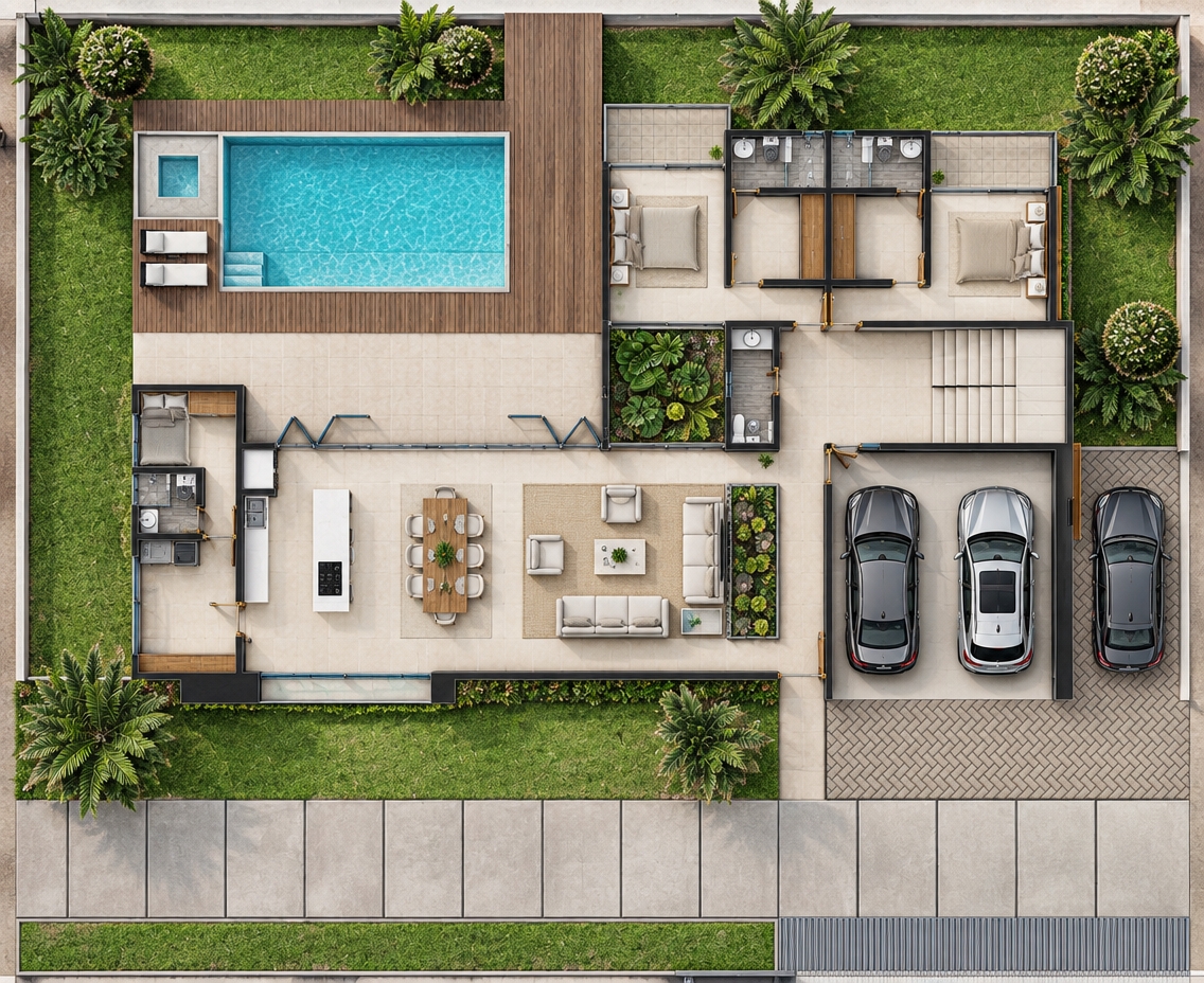 Photorealistic top-down orthographic photograph of the architectural floor plan, illuminated by bright, soft natural daylight casting subtle, accurate contact shadows. The interior floors feature smooth matte light beige porcelain tiles, while the exterior patio and balconies show textured dark beige pavers. Around the clear turquoise swimming pool, the deck is finished in rich dark wood planks. Bathrooms are paved with wood-toned grey porcelain, highlighting crisp white ceramic fixtures and chrome fittings. Built-in closets, doors, and millwork display authentic light natural oak grain, paired with neatly dressed beds and neutral-toned fabric upholstery in the living and dining areas. The surrounding grounds show finely detailed green lawn and dense, leafy tropical foliage, all captured with crisp architectural clarity, true-to-life material textures, and balanced top-down ambient occlusion.
