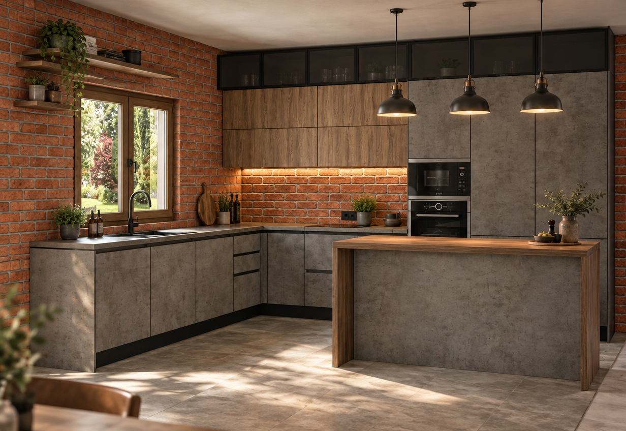 A photorealistic interior photograph of this loft-style kitchen, maintaining the exact perspective, geometry, and layout. Natural daytime light streams softly through the window, complemented by warm under-cabinet LED illumination grazing the tactile, imperfect red brick walls. Installed beneath the window on the countertop is a matte black undermount sink with a sleek matching faucet, and hanging directly above the island counter are three industrial pendant lights casting soft pools of warm light. Surfaces feature realistic physical properties: authentic matte concrete textures on lower and tall cabinetry, rich natural wood grain on the upper units and counter wrap, and realistic reflections on the built-in oven glass. The atmosphere is grounded with subtle atmospheric dust, lifelike contact shadows, minimal kitchen styling accents, and a crisp, professional interior photography aesthetic with subtle grain and lens depth.