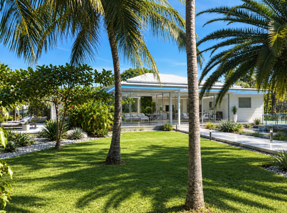 An incredibly lifelike, richly detailed, photorealistic architectural photo of a reimagined garden estate set in a sun-drenched, tropical landscape. The scene is illuminated by the harsh, brilliant clarity of a summer midday, creating a crisp, digital Zen atmosphere. Captured with a Phase One XF IQ4, emphasizing the sharp contrast between the organic textures of palm fronds and the sleek, polished surfaces of a futuristic renovation.

The original structure has been transformed into a minimalist sanctuary, featuring clean-lined white timber cladding accented with brushed cool-gray metal framing. The veranda now hosts streamlined, high-tech glass and chrome outdoor furniture, arranged on clutter-free, polished concrete decks. Neon blue light strips are subtly integrated into the eaves, providing a cyberpunk edge that harmonizes with the tranquil, uncluttered yard. The garden has been refined into a Zen-inspired landscape with precise xeriscaping, while the interior visible through floor-to-ceiling glass panels showcases innovative, smart-home minimalist design, lush indoor vertical planting, and a serene, technological elegance that bridges the gap between primitive nature and future living.