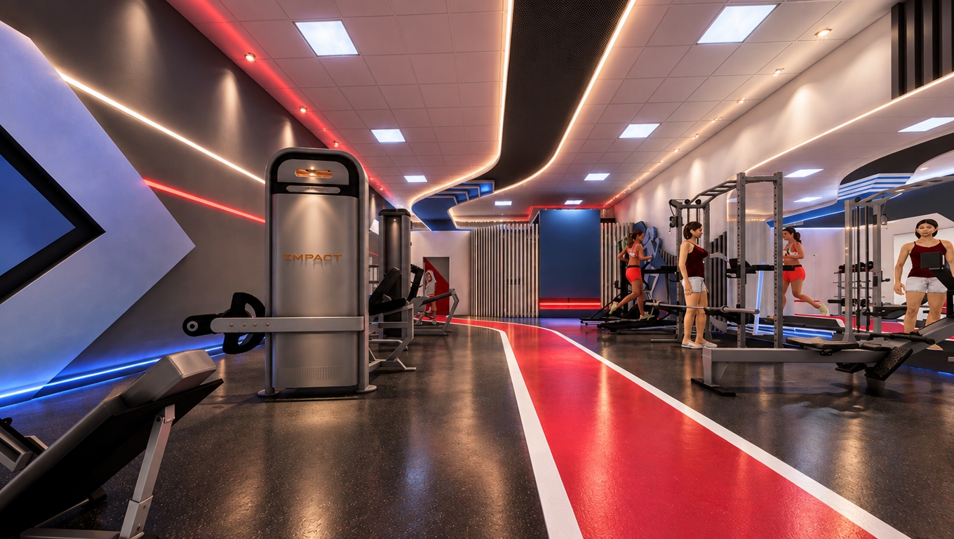 An incredibly lifelike, richly detailed, photorealistic interior perspective of a high-end women’s functional training studio set in a modern, professional sports facility. The scene is illuminated by a sophisticated, multi-layered lighting strategy that transforms the space with a sense of kinetic energy; the existing 60x60 ceiling grid remains, now complemented by continuous, recessed linear LED strips that trace the building’s sweeping, organic ceiling forms, casting a soft, rhythmic glow that mirrors the vibrant red running track below. Captured with a professional wide-angle architectural lens, the image emphasizes the interaction between the cool, indirect light emanating from hidden ceiling coves and the crisp, focused spotlights that highlight the brushed steel textures of the "IMPACT" strength equipment and the precise definition of the training zone. Subtle, controlled pulses of crimson and cobalt accent lighting trace the circulation paths, lending a premium, high-octane atmosphere to the studio, while refined shadows and authentic light reflections on the polished floor surfaces ground the space in reality. The composition leads the eye through the movement of the curved ceiling into the depth of the workout floor, creating a cohesive, high-energy environment that perfectly balances professional athletic performance with an elegant, modern design language.
