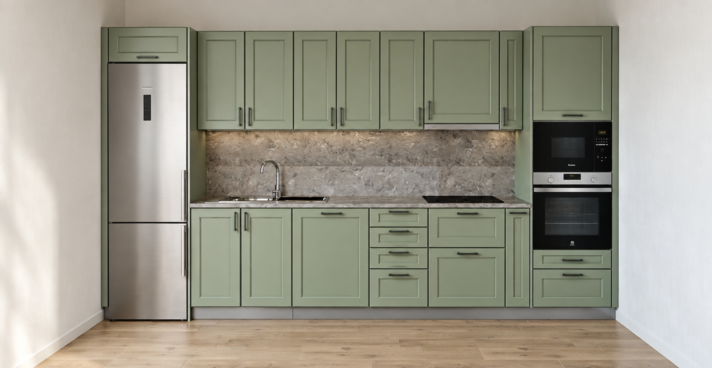 Transform the scene into an eye-level architectural photograph captured with a sharp 35mm lens, strictly preserving the exact layout, materials, and straight-on perspective. Soft, diffused ambient daylight illuminates the room, casting gentle contact shadows beneath the upper cabinetry and highlighting the fine matte lacquer finish of the sage green shaker doors. The stainless steel refrigerator, chrome faucet, and integrated oven stack exhibit realistic brushed metallic sheens and soft reflections, while the textured gray stone countertop and backsplash display authentic surface depth. Subtle wood grain and matte seams are revealed across the light oak plank floor, completing a clean, true-to-life interior photograph.