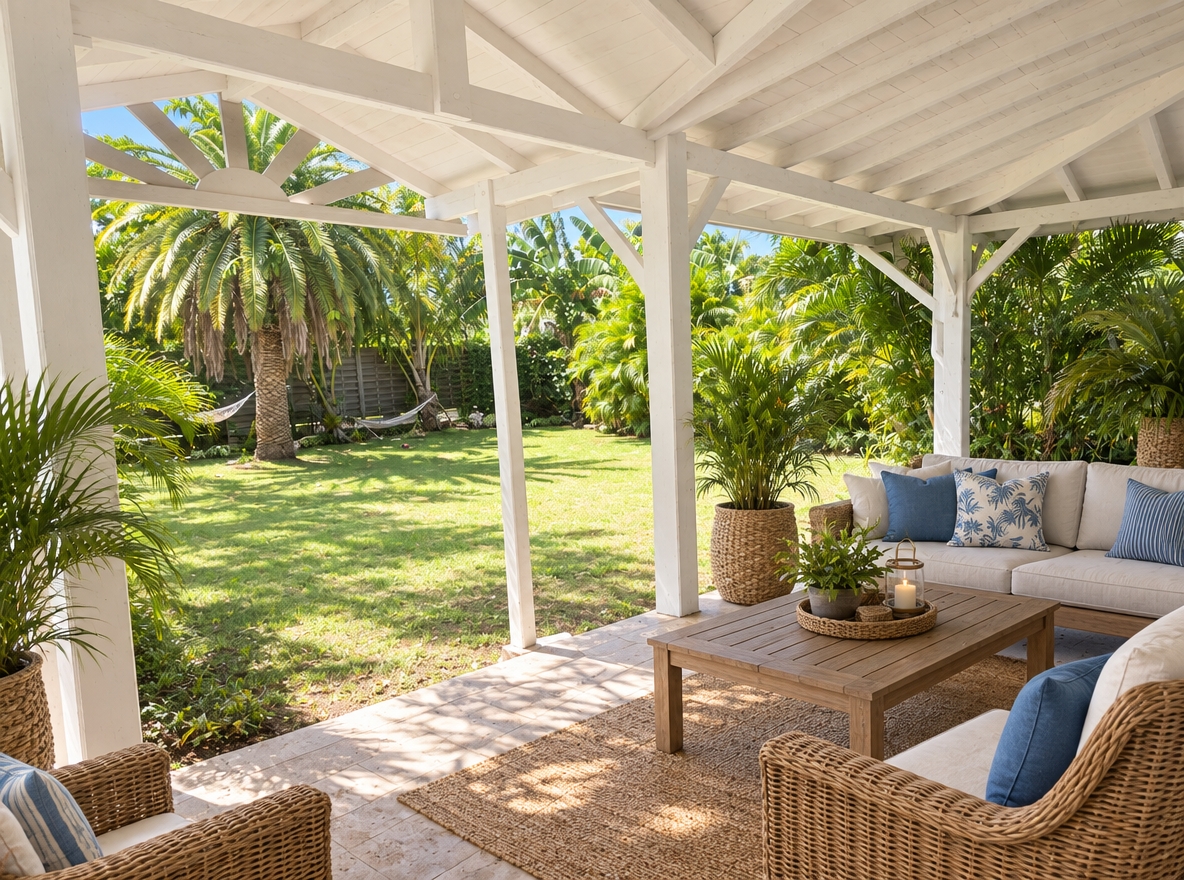 An incredibly lifelike, richly detailed, photorealistic wide-angle architectural shot of an airy, coastal-inspired covered veranda opening seamlessly into an outdoor garden set in a sun-drenched tropical seaside retreat. The scene is illuminated by radiant midday sunlight filtered through lush palm fronds, creating an open, relaxed, and sun-kissed atmosphere filled with light and a sense of coastal breeze. Captured with a professional 24mm architectural lens, emphasizing the chalky textures of the crisp white timber beams, weathered roof trusses, and warm, sandy neutral paving underfoot. The refreshed patio embraces a casual beach aesthetic with comfortable wicker and teak wooden furniture, soft cushions in ocean blues and off-whites, and uncluttered surfaces accented by healthy potted palms and woven seagrass planters. Beyond the shaded pavilion, a freshly manicured lawn and vibrant tropical canopy of fan palms and lush greenery create an inviting, picture-perfect sanctuary.