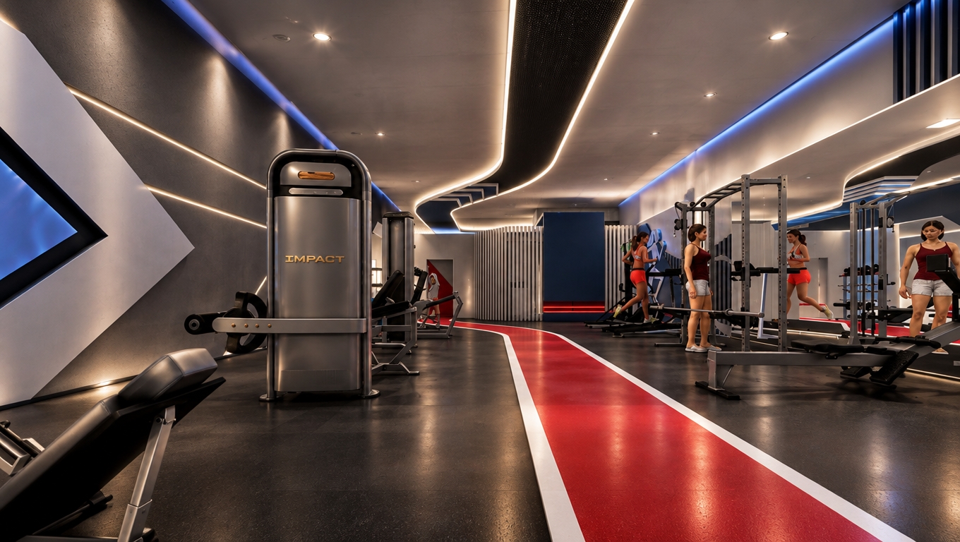 An incredibly lifelike, richly detailed, photorealistic interior perspective of a high-end, modern women’s functional training studio set in a premium urban sports club. The scene is illuminated by a sophisticated, dynamic lighting strategy that replaces harsh grid fixtures with sweeping, continuous linear LED strips integrated into the rhythmic curves of the ceiling, casting a soft, ambient glow that accentuates the architectural flow while deep-set recessed spotlights provide crisp, focused pools of light onto the metallic surfaces of the gym equipment. Subtle, cool-toned RGB accent lighting traces the perimeter of the ceiling features, creating a sense of depth and energetic movement, while indirect wash lighting grazes the vertical surfaces to highlight their textures and material finishes. Captured with a professional full-frame camera and a wide-angle 16mm lens, the image emphasizes the dramatic contrast between the sharp, illuminated lines and the deep, rich shadows cast across the sleek dark flooring, making the vibrant red running track appear as a high-visibility focal point that draws the eye through the space. The lighting creates an atmosphere of motivation and elegant intensity, with realistic reflections dancing across the polished surfaces of the gym machines and the polished floor, resulting in an immersive, high-resolution aesthetic where every shadow is grounded in physical reality, elevating the functional environment into a sanctuary of athletic excellence.