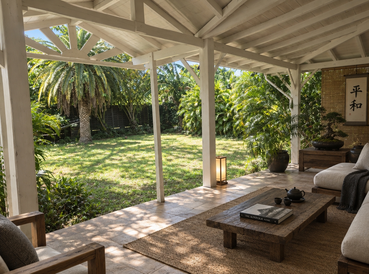 An incredibly lifelike, richly detailed, photorealistic wide-angle landscape shot of a Japanese Zen-inspired outdoor patio set in a tranquil garden sanctuary bordered by lush tropical greenery and towering palm trees. The scene is illuminated by gentle, dappled daylight filtering beneath the white-painted open-beam timber ceiling, creating a calm, harmonious, and meditative atmosphere. Captured with a full-frame camera and a sharp 24mm wide-angle lens, emphasizing weathered wabi-sabi wood grains, smooth tiled flooring, and a balanced palette dominated by shades of neutrals, deep charcoal blacks, and natural greens. The uncluttered veranda features low wooden furniture with clutter-free surfaces, a curated photography book resting atop a low-profile tea table, subtle indoor plants and bonsai, and understated Japanese decor accented by elegant Japanese calligraphy wall art, seamlessly merging minimalist outdoor living with simple, traditional serenity.