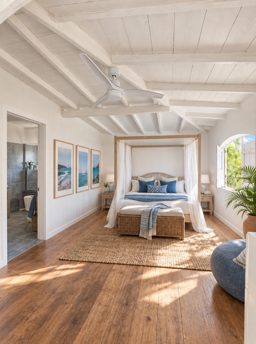 An incredibly lifelike, richly detailed, photorealistic wide-angle shot of a reimagined coastal bedroom sanctuary set in a breezy seaside cottage. The scene is illuminated by bright, diffused midday sunlight streaming through an open arched window with weathered white shutters, creating an airy, serene, and sun-kissed atmosphere. Captured with a 24mm wide-angle lens, emphasizing the rich natural grain of restored honey-toned timber floorboards, the crisp architectural lines of whitewashed exposed rafters, and the delicate weave of sheer linen textiles. 

The space has been transformed into an inviting, nautical haven layered in shades of ocean blue, seafoam, crisp white, and sandy neutrals. The metal frame is replaced by an elegant bleached oak four-poster canopy bed draped loosely in breezy, translucent white linen netting and styled with plush indigo throw pillows. An artisanal woven jute rug anchors the sleeping area, complemented by a wicker bench at the bed's foot and minimalist light-wood nightstands featuring a ceramic lamp, subtle coastal ceramics, and a hardbound ocean photography book on an uncluttered surface. On the expansive white wall, a curated gallery of large-scale, framed seascape fine-art photography captures the movement of coastal tides, while a lush potted palm in a terracotta planter brings vibrant natural life to the corner, perfectly framing the view of tropical greenery just beyond the open shutters.