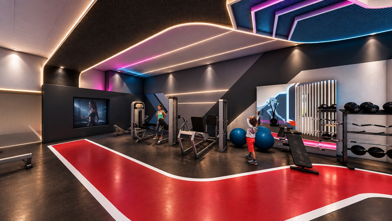 An incredibly lifelike, richly detailed, photorealistic wide-angle interior shot of a high-end women’s functional training studio set in a modern professional sports complex. The scene is illuminated by a sophisticated, dynamic lighting system that replaces the harsh overhead panels with a series of continuous, recessed linear LED strips that trace the sweeping architectural contours of the ceiling, casting a soft, warm glow that highlights the textured acoustic panels and geometric ceiling baffles. Focused, cool-toned spotlights are precisely angled to emphasize the workout stations, casting sharp, purposeful shadows that add depth to the weight racks and functional equipment, while subtle, vibrant magenta and cyan RGB accent lighting emanates from the ceiling coves, reflecting elegantly off the polished, high-contrast floor surfaces. Captured with a professional full-frame camera and a 24mm wide-angle lens, the image emphasizes the premium materials—from the matte-finished dark walls to the resilient, bold red running track—creating a highly energetic yet elegant atmosphere. The interplay of indirect ambient light and dramatic, targeted task lighting creates a realistic contrast, enhancing the spatial flow of the room and imbuing the environment with a sense of motion, motivation, and professional refinement that feels like a polished piece of high-end architectural photography.