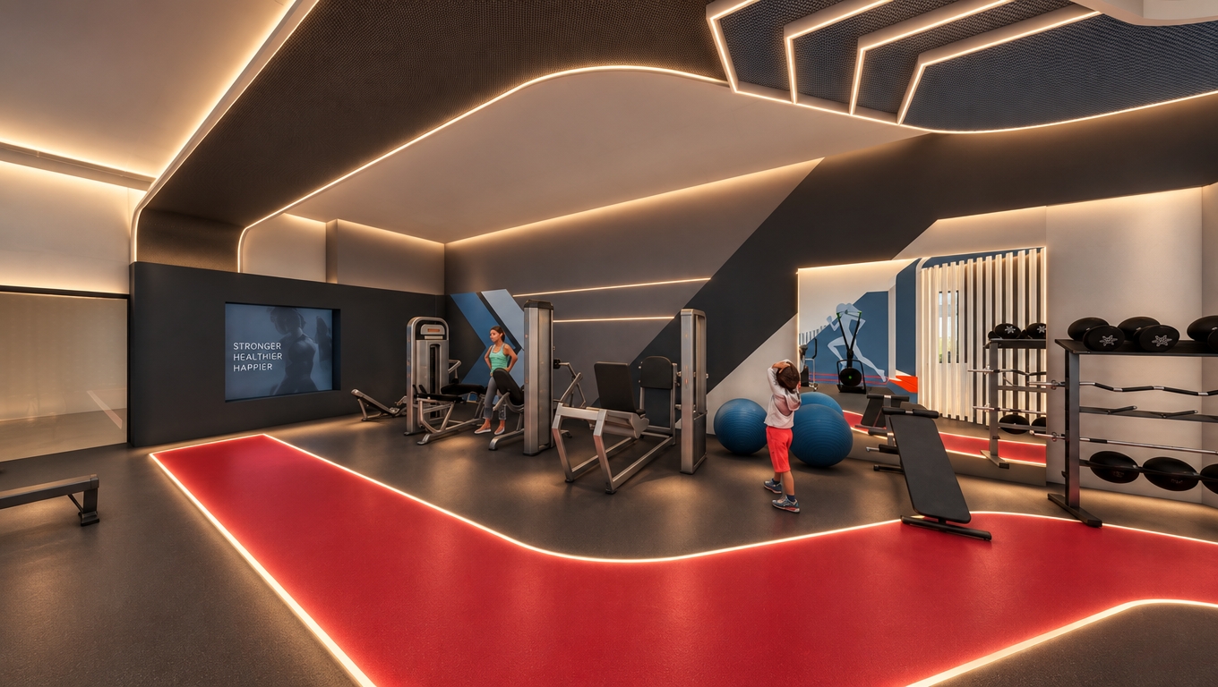 An incredibly lifelike, richly detailed, photorealistic wide-angle interior shot of a contemporary boutique women’s fitness studio, set in an atmosphere of refined wellness. The scene is illuminated by a sophisticated, layered lighting scheme that replaces harsh overhead fixtures with soft, ethereal linear LED strips recessed into crisp, elegant ceiling grooves that trace the flowing, organic curves of the architecture. A warm, indirect glow spills from hidden coves, bathing the deep charcoal and slate-toned walls in a gentle wash of light that emphasizes the high-end tactile quality of the surfaces. The vibrant red pathway, which anchors the space, is highlighted by subtle floor-level accent lighting, creating a seamless, guiding energy that draws the eye through the layout. Minimalist, focused illumination highlights the metallic sheen of the strength-training equipment and the expansive mirrored wall, where a dynamic graphic mural is softly backlit, adding depth and a premium aesthetic to the workout zones. Captured with a professional-grade 24mm wide-angle lens, the composition achieves a perfect balance of crisp detail and soft, diffused shadows, resulting in a serene, minimalist haven that feels both energetic and exclusively luxurious.