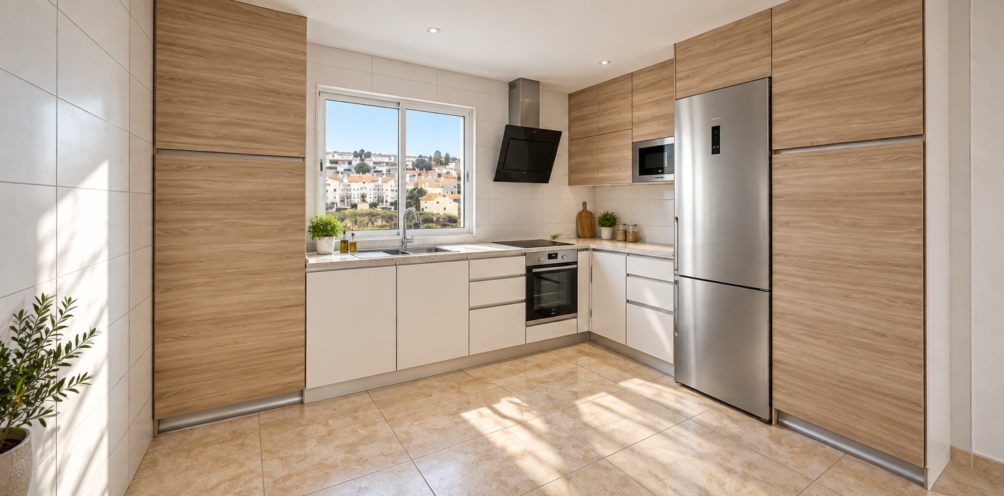 A real architectural interior photograph preserving the exact layout, geometry, and wide-angle perspective of the kitchen scene. Bright natural daylight streams through the window, creating soft shadows across the beige ceramic floor tiles and white wall grid. The light oak cabinetry exhibits tangible matte wood grain texture, precisely matched across the tall and upper units. Brushed stainless steel surfaces on the refrigerator and appliances show subtle reflections and realistic micro-textures, while the off-white base cabinets and light countertop display accurate material depth, fine sharpness, and clean photographic lighting.