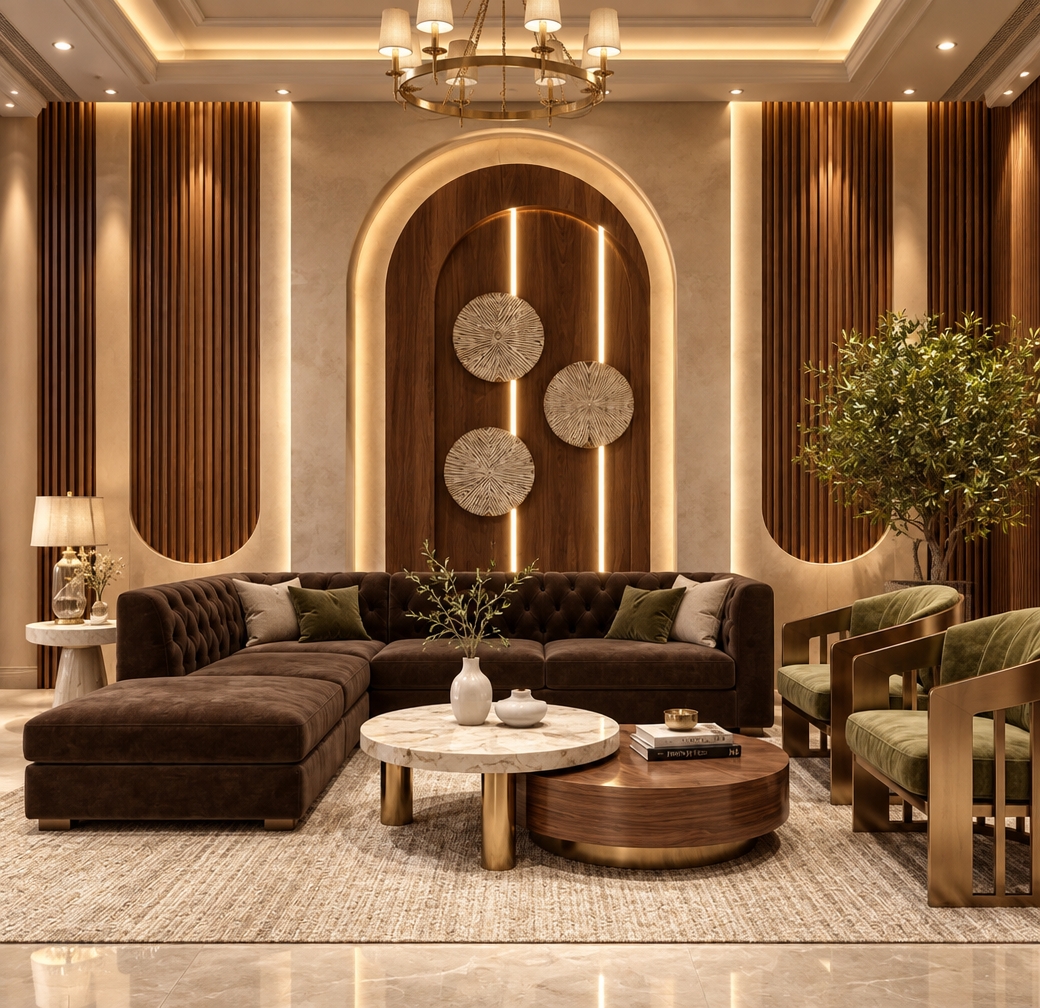 An incredibly lifelike, richly detailed, photorealistic eye-level interior shot of a sophisticated, French country-inspired living room set in an upscale, tranquil urban residence. The scene is illuminated by warm, layered cove lighting and recessed architectural downlights set into a bespoke, multi-tiered coffered false ceiling, creating a serene, inviting, and high-end golden-hour atmosphere. Captured with a 35mm wide-angle lens, the image emphasizes the rich, tactile contrast between the plush, dark espresso tufted sectional, the polished marble and walnut nested coffee tables, and the intricate vertical slats of the oak-toned wall paneling. 

The design flows seamlessly from the dramatic arched central feature wall, where integrated LED strips cast soft, linear highlights, to the elegant olive-toned velvet armchairs that anchor the seating area. The space feels meticulously curated, with the refined textured rug providing a neutral base that grounds the deeper tones. The lighting effect creates a soft, ethereal glow that accentuates the organic curves of the wall art and the lush, vibrant greenery of the corner tree. Every surface—from the satin-finish brass chair frames to the smooth stone table tops—reflects a subtle, luxurious luminescence, resulting in a composition that feels both timelessly classic and impeccably modern.
