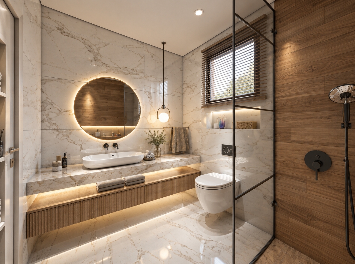 An architectural interior photograph captured on a professional wide tilt-shift lens, rendering the scene with crisp edge-to-edge clarity and authentic lighting. Balanced 4500K daylight filters through the window blinds, mingling naturally with the soft, warm illumination from the backlit circular mirror, under-vanity glow, and spherical pendant. The polished Calacatta marble surfaces feature accurate depth, delicate veining, crisp grout seams, and realistic specular reflections, contrasting with the tactile, matte grain of the fluted wood vanity. The white ceramic basin and toilet exhibit genuine porcelain gloss, while the dark metal fixtures show subtle metallic sheen. Perfectly clear glass panels with realistic micro-reflections and soft natural shadow roll-offs give the space the authentic finish of a published architectural photograph.