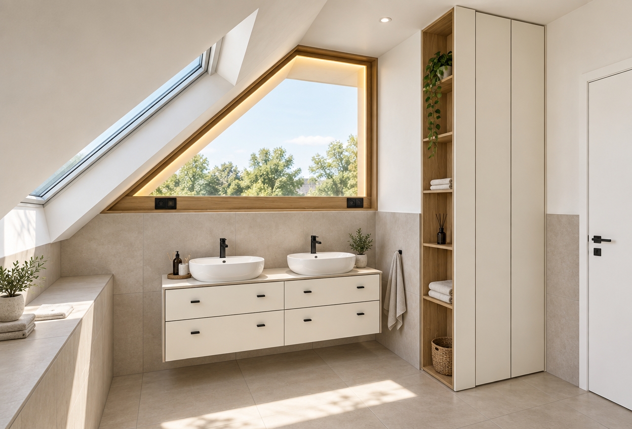 A bright architectural photograph of the modern attic bathroom under clear spring midday light, captured with a 24mm tilt-shift lens. Crisp daylight floods the room, complemented by the warm, subtle glow from behind the custom angled mirror. Smooth white ceramic vessel sinks feature fine specular highlights and matte black faucets, resting on a clean off-white vanity unit. Large-format beige matte porcelain tiles line the floor and lower walls with realistic grout lines, while natural light oak finishes on the shelving and mirror trim reveal soft woodgrain texture. The scene is sharp and balanced, rendered with natural atmospheric depth, clean reflections, and authentic interior photography fidelity.
