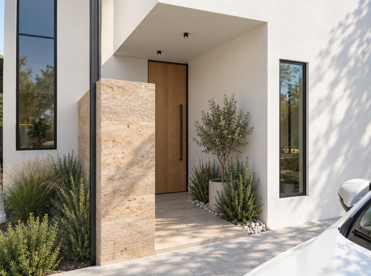 An incredibly lifelike, richly detailed, photorealistic eye-level architectural shot of a modern minimalist residential entrance and outdoor patio set in an upscale, sun-drenched suburban environment during spring. The scene is illuminated by brilliant midday sunlight that casts sharp, elegant architectural shadows, creating a serene, luminous, and refined atmosphere. Captured with a 35mm tilt-shift architectural lens, emphasizing the tactile harmony of smooth off-white stucco, natural cantera stone, fine wood grain, and sleek metal accents.

The redesigned entryway is defined by a striking floor-to-ceiling pivot door constructed from vertical slats of light natural oak, seamlessly framed and accented by matte black ironwork. Flanking the entrance, a magnificent floor-to-ceiling monolithic glass window invites light into the interior, bordered by razor-thin 5mm dark steel trim profiles that accentuate the building's crisp geometric lines. The former raw brick wall is transformed into a sophisticated architectural feature clad in textured, warm beige cantera stone, grounding the porch area. Lush, carefully curated vegetation—including sculptural ornamental grasses, fragrant rosemary, and a subtle potted olive tree nestled over polished white river pebbles—softens the clean volumes, completing a tranquil, modern minimalist haven.