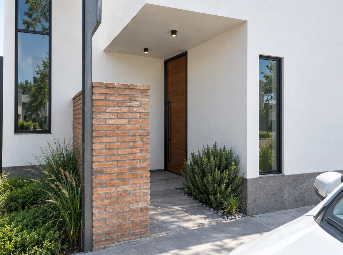 An incredibly lifelike, richly detailed, photorealistic wide-angle shot of a minimalist residential entryway set in a sun-drenched suburban environment. The scene is illuminated by crisp, natural midday summer light, creating a bright, clean, and professional atmosphere. Captured with a 35mm lens, emphasizing the sharp contrast between the smooth white stucco walls and the rustic charm of the exposed brick accents. 

In this redesigned vision, the entrance features a commanding floor-to-ceiling door crafted from rich, dark-stained timber framed in matte charcoal steel, exuding sophisticated elegance. The windows are now framed with thin, industrial-style dark steel profiles that accentuate their verticality. Beneath the structure, base accents of honed grey quarry stone (cantera) provide a luxurious, grounded texture. The composition is softened by strategically placed, lush green vegetation, including ornamental grasses and manicured shrubs, which harmonize the sharp modern lines with natural life. The interplay of materials—warm wood, cool steel, porous stone, and pristine white surfaces—creates a refined, contemporary fusion that feels both welcoming and architectural.