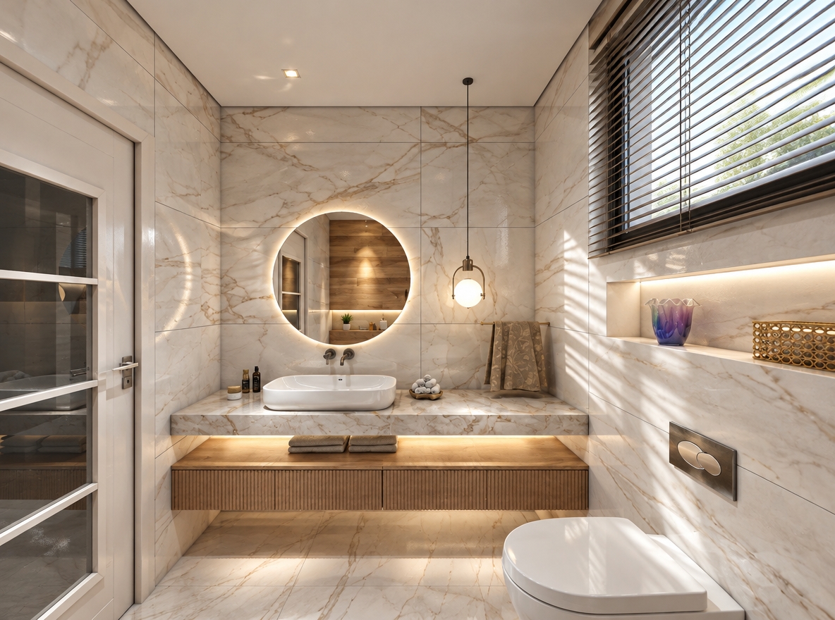 An architectural interior photograph of the luxury bathroom, captured on a wide-angle tilt-shift lens with a balanced depth of field, maintaining the exact spatial composition and fixtures. The scene is illuminated by crisp, soft 4000K daylight filtering through the slatted blinds, naturally blending with the warm halo of the backlit circular mirror, under-counter LED cove, and illuminated wall niche. The polished marble surfaces feature realistic physical micro-reflections, subtle gloss falloff, and defined grout seams. Natural wood grain textures define the floating fluted cabinet, while the ceramic sink and toilet display smooth glazed reflections with soft ambient occlusion. Fixtures and metals exhibit sharp brushed and chrome finishes, complemented by pristine mirror reflections, delicate shadow transitions, and faint photographic sensor grain for an authentic high-end photograph.