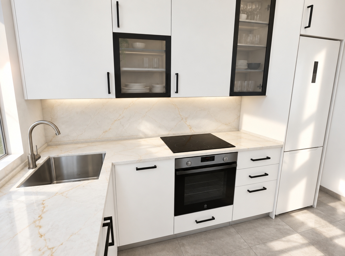 An incredibly lifelike, richly detailed, photorealistic high-angle interior shot of a sleek, minimalist kitchen set in a bright, modern apartment. The scene is illuminated by crisp, natural morning light, creating a clean, airy, and inviting atmosphere. Captured with a 24mm wide-angle lens, emphasizing the sharp contrast between the pristine matte white cabinetry and the bold, geometric black hardware. 

The cabinetry features a seamless, minimalist aesthetic, punctuated by striking black handles that provide a graphic, modern edge. The countertops, rendered in a luxurious white marble with subtle, warm gold veining, provide a sophisticated texture that complements the polished stainless steel sink and the high-end, glass-topped induction cooktop. Above, elegant glass-fronted upper cabinets with dark black frames add architectural depth and a hint of Mid-Century Modern flair. The interplay of light across the smooth surfaces highlights the high-quality finishes, while the neutral, large-format tile flooring grounds the space, creating a sense of balance and contemporary refinement.