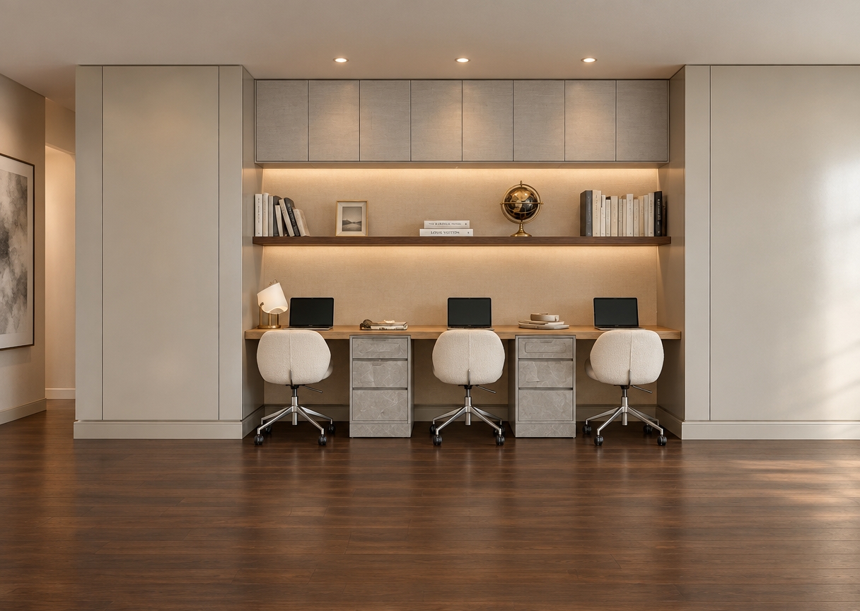 An incredibly lifelike, richly detailed, photorealistic interior shot of a sophisticated home office suite set in a serene, contemporary bedroom environment. The scene is illuminated by warm, recessed ambient lighting and soft, diffused natural light filtering from the side, creating an airy and balanced atmosphere. Captured with a 35mm lens, emphasizing the fine grain of the warm white oak desk surface and the cool, matte finish of the custom pearl-gray cabinetry.

The design features a seamless, clean-lined aesthetic where a full-width workstation is integrated between two floor-to-ceiling vertical panels, finished in a subtle champagne-toned lacquer. Above the expansive desk, a single floating shelf in rich walnut holds curated decor, including a vintage brass globe and a collection of photography books bound in neutral linen. Three minimalist, tailored chairs with soft, cream-colored bouclé upholstery are tucked neatly beneath the workspace, their slim brushed-metal bases gleaming under the overhead lights. The floor is anchored by wide-plank, dark-stained walnut flooring that provides a grounding contrast to the light, refined wall treatments. Abstract wall art in shades of soft gray and ivory subtly complements the room’s understated elegance, while the polished stone surfaces of the central drawer units add a touch of sophisticated, high-end texture to this highly organized and tranquil workspace.