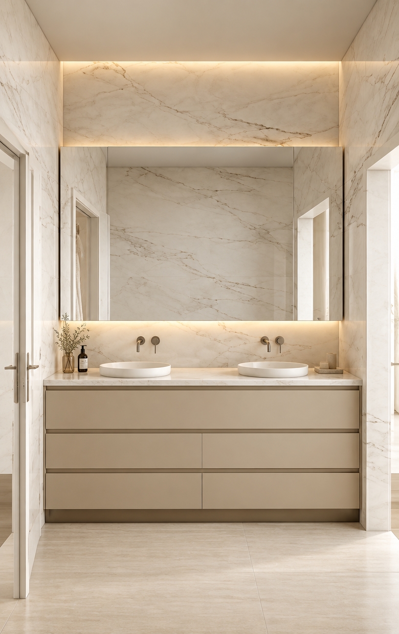 A straight-on architectural photograph of the minimalist bathroom, maintaining the exact perspective, framing, and layout of the original scene. The vanity drawer fronts are finished in a smooth, satin light havana lacquer, complementing the white veined marble countertops and walls. Sleek wall-mounted faucets are mounted to the marble wall directly above each round sink. Gentle, warm LED strip lighting emanates from both above and beneath the large mirror cabinet, casting soft ambient glows across the surfaces. Shot with a crisp 35mm lens, the image displays balanced natural illumination, authentic marble reflections, subtle depth of field, and faint photographic grain.