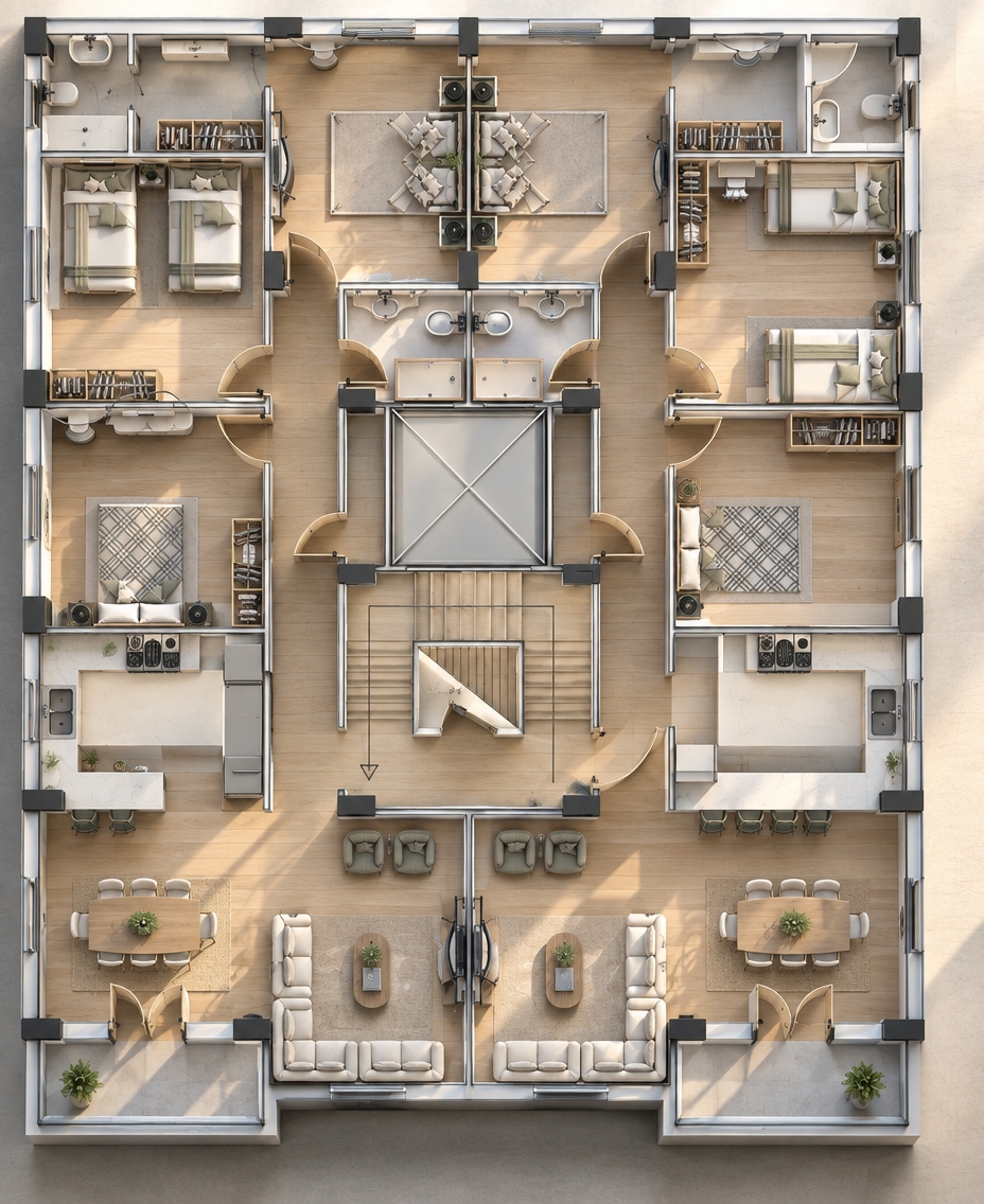 An incredibly lifelike, richly detailed, photorealistic overhead architectural shot of a serene modern dual-residence apartment layout set in an upscale urban high-rise. The scene is illuminated by the soft, warm golden light of an early spring sunrise streaming through balcony doors, creating a peaceful, zen-inspired, and uncluttered atmosphere. Captured with a high-resolution medium-format camera and a sharp architectural tilt-shift lens, emphasizing the smooth textures of light wood flooring, pristine white walls, and matte metallic accents. In the expansive living quarters, sleek modular cream sectionals frame low-profile oak coffee tables topped with elegant photography books, while adjacent streamlined dining suites stand gracefully under diffuse morning light. Tastefully placed indoor fiddle-leaf figs, minimalist abstract wall art in muted grays and subtle pastels, and immaculate, clutter-free surfaces throughout the bedrooms and kitchens complete this masterclass in contemporary minimalist living.