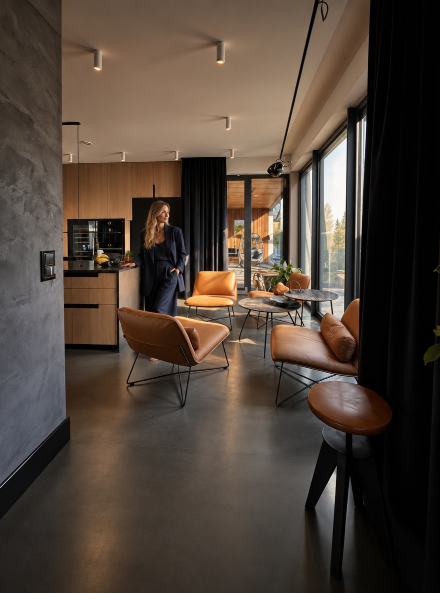 HYPER-REALISTIC ARCHITECTURAL INTERIOR PHOTOGRAPHY — ABSOLUTE REFERENCE PRESERVATION Transform this reference image into an ultra-realistic, high-end architectural lifestyle photograph while preserving absolutely everything visible in the original image. Use the reference image as the exact visual source of truth. The transformation is primarily about photographic realism, material realism, surface texture, lighting, atmosphere, depth, natural imperfections, and realistic human integration. The existing interior design, architecture, finishes, materials, furniture, objects, proportions, perspective and composition must remain unchanged. Do not redesign the interior. Do not reinterpret the interior. Do not replace existing materials. Do not change existing finishes. Do not change the existing colour palette. Do not change the architectural design. Do not change the furniture arrangement. Do not change the composition. The final image must look like the exact same interior photographed professionally with a high-end full-frame camera, with dramatically improved photographic realism and material quality. ================================================== ABSOLUTE PRESERVATION — HIGHEST PRIORITY ================================================== Preserve exactly: - existing architecture - room geometry - proportions - dimensions - walls - ceiling - floor - kitchen island - cabinetry - cabinet layout - tall units - wall panels - backsplash - countertops - appliances - sink - faucet - lighting fixtures - furniture - lounge chair - curtains - decorative objects - accessories - windows - glazing - doors - openings - existing materials - existing colours - existing finishes - object placement - spatial relationships - camera position - camera height - focal-length appearance - perspective - viewing direction - framing - crop - composition - visual hierarchy Do not add architectural elements. Do not remove architectural elements. Do not relocate anything. Do not resize anything. Do not simplify anything. Do not reconstruct anything. Do not modernize anything. Do not make the interior more luxurious by changing its design. Do not make the interior more minimal. Do not change the existing material palette. Do not change the existing colour palette. The original interior design must remain completely intact. ================================================== PRIMARY TRANSFORMATION ================================================== The only intended transformation is: 1. dramatically improve photographic realism 2. improve existing material texture quality 3. improve surface micro-detail 4. improve physically accurate light–material interaction 5. improve realistic reflections 6. improve realistic shadows 7. improve natural depth and tonal transitions 8. improve photographic atmosphere 9. naturally integrate the woman into the existing interior The final image must remain visually identical to the original reference in architecture, design, materials, furniture, objects, spatial relationships, camera and composition. ================================================== OVERALL MOOD ================================================== Create a dark, moody, low-key architectural photography atmosphere. The interior should feel: - warm - quiet - luxurious - sophisticated - intimate - calm - tactile - contemporary - naturally lived-in - architecturally refined Use restrained cinematic underexposure. The image should feel atmospheric and sophisticated rather than dramatically stylized. Maintain deep blacks and controlled shadows while preserving sufficient material information in darker areas. The mood must come from: - realistic exposure - warm artificial light - soft natural daylight - realistic material response - subtle shadow depth - controlled highlights - natural tonal transitions No excessive cinematic stylization. No exaggerated contrast. No crushed shadow detail. No artificial HDR. No excessive bloom. No artificial colour grading. ================================================== LIGHTING — CRITICAL PRIORITY ================================================== Physically accurate architectural photography lighting. Use deliberate cinematic underexposure while maintaining realistic exposure relationships between the interior, woman, furniture, walls, floor, cabinetry, kitchen island, ceiling, and all architectural elements. Warm artificial lighting approximately 2700–3000K remains restrained, soft, directional, and realistic. The warm artificial light should gently graze the existing warm natural wood surfaces and architectural elements, revealing their authentic natural grain, fine pores, subtle surface imperfections, micro-texture, and material depth primarily through controlled highlights and soft shadow transitions. Do NOT turn the existing wood into walnut. Do NOT darken the existing wood. Do NOT make the wood orange. Do NOT make the wood reddish. Do NOT change the existing wood colour. The warm light may create subtle warm tonal influence on the existing wood, but the underlying material and colour must remain faithful to the reference. Natural sunlight remains present and readable. Soft natural daylight enters the space naturally through the existing glazing and interacts with: - the dark floor - kitchen island - existing natural wood cabinetry - original wall surfaces - black architectural elements - countertop - furniture - curtains - decorative objects - the woman Natural daylight should create: - soft realistic highlights - subtle reflections - realistic shadow transitions - believable colour transitions - natural light falloff - physically accurate ambient illumination Maintain realistic exposure relationships between the brighter window area and the darker interior. The window area may remain naturally brighter than the interior, but it should retain believable photographic detail and must not appear artificially blown out. Use realistic: - indirect illumination - global illumination - bounce light - ambient occlusion - contact shadows - cast shadows - reflected light - natural colour bounce - realistic light falloff - physically accurate shadow density The woman must receive exactly the same lighting conditions as the surrounding architecture. Her skin, hair and navy clothing must respond naturally to the same warm artificial light and natural daylight. The woman must NOT appear separately illuminated. No beauty lighting. No studio lighting. No spotlight on the woman. No artificial rim light. No dramatic backlight added specifically for the woman. No artificial glow. No theatrical lighting. No visible light beams. No excessive volumetric light. No excessive bloom. No lens flare. No stylized lighting effects. The final lighting must look as though the entire scene — architecture, furniture, materials and woman — was photographed simultaneously inside the real interior. ================================================== EXISTING WOOD — PRESERVE EXACTLY ================================================== Preserve the existing warm natural wood cabinetry and wall elements exactly as shown in the reference. The existing wood colour must remain unchanged. Do NOT transform it into: - dark walnut - black wood - orange wood - reddish wood - yellow oak - grey wood - artificially stained wood Do not change the apparent species or visual identity of the existing wood. Only improve the realism and texture quality. The existing wood should look like authentic high-end natural architectural veneer photographed in real life. Create extremely realistic: - fine natural grain - subtle longitudinal grain direction - delicate pore structure - microscopic tonal variation - natural growth variation - subtle differences between veneer sheets - realistic veneer transitions - subtle surface irregularities - extremely fine tactile texture - realistic edge definition - natural light absorption - physically accurate reflectivity - subtle dimensional depth The grain should remain relatively calm, elegant and architectural. Avoid exaggerated rustic grain. Avoid dramatic knots. Avoid excessive contrast in the grain. Avoid repetitive patterns. Avoid cloned grain. Avoid procedural texture. Avoid perfectly uniform surfaces. Avoid excessive sharpening. The wood should look more realistic, not different. ================================================== WOOD SURFACE FINISH ================================================== Preserve the existing matte-to-satin appearance. Use subtle, physically accurate reflectivity. The surface should contain: - soft diffuse reflection - extremely subtle highlights - realistic micro-roughness - visible but restrained grain - natural pore structure - slight imperfections - realistic material depth The wood must never appear: - plastic - laminated - artificially glossy - artificially dark - synthetic - flat - CGI-generated ================================================== WALLS — ORIGINAL FINISH PRESERVED ================================================== Preserve the existing wall finish exactly as shown in the reference. Do NOT replace the walls with: - walnut - wood - concrete - stone - marble - decorative plaster - microcement - architectural panels - another material Do NOT change their colour. Do NOT change their geometry. Do NOT add cladding. Do NOT remove wall surfaces. Only improve their texture and photographic realism. The original wall surface should gain subtle: - micro-texture - natural surface irregularities - very fine tonal variation - realistic diffuse response - subtle pores - natural imperfections - believable material depth - realistic interaction with light The texture must remain subtle. It should be visible primarily through realistic light grazing across the surface rather than exaggerated artificial detail. The walls must still look exactly like the original walls. ================================================== CEILING — ORIGINAL FINISH PRESERVED ================================================== Preserve the existing ceiling exactly. Do not change: - colour - geometry - height - surface finish - lighting positions Improve only photographic realism. Create subtle natural tonal variation and realistic light falloff. No artificial texture. No decorative redesign. ================================================== BLACK ELEMENTS ================================================== Preserve all existing black elements exactly. This includes: - black cabinetry - black island - black backsplash - black vertical architectural elements - black curtains - black metal details - black frames - dark floor Do not change their colour. Do not lighten them. Do not replace them. Improve only their physical realism. Black surfaces should retain deep rich blacks while preserving subtle material information. Create realistic: - micro-roughness - soft reflections - subtle tonal variation - natural specular response - fine surface imperfections - realistic light absorption No artificial glossy black. No plastic black. No crushed black detail. No CGI appearance. ================================================== FLOOR — ORIGINAL DARK FINISH PRESERVED ================================================== Keep the existing dark floor exactly as shown in the reference. Do NOT replace it with concrete. Do NOT make it light grey. Do NOT change its colour. Do NOT change its geometry. Do NOT introduce new joints. Only improve its realism. Add extremely subtle: - natural micro-texture - fine surface variation - realistic diffuse reflection - subtle sheen - natural imperfections - physically accurate light reflection - realistic contact shadows The floor must remain dark, elegant and understated. No wet appearance. No mirror-like reflection. No excessive gloss. No plastic appearance. No artificial uniformity. ================================================== COUNTERTOPS ================================================== Preserve the existing countertop exactly. Maintain: - colour - geometry - thickness - edge profile - surface character - spatial position Improve only its physical realism. Create subtle: - mineral variation - micro-texture - realistic roughness - natural tonal variation - physically accurate reflection No material replacement. No colour change. ================================================== BLACK BACKSPLASH ================================================== Preserve the existing black backsplash exactly. Improve only: - surface depth - subtle micro-texture - realistic reflection - micro-roughness - light interaction - tonal variation Keep it dark, sophisticated and understated. No mirror effect. No excessive gloss. ================================================== METAL ELEMENTS ================================================== Preserve all existing metal fixtures and hardware exactly. This includes: - faucet - handles - lighting details - metal frames - other visible metal components Maintain their existing colour and finish. Improve: - realistic metal reflectivity - subtle imperfections - physically correct highlights - realistic edge reflections - natural interaction with surrounding light No exaggerated chrome. No excessive sharp reflections. ================================================== GLASS AND WINDOWS ================================================== Preserve the existing glazing and window frames exactly. Glass should remain physically realistic with: - subtle transparency - realistic reflections - slight atmospheric variation - natural exterior light - physically accurate refraction Do not alter the window dimensions. Do not redesign the glazing. Do not change the exterior architecture visible through the glass. ================================================== CURTAINS AND TEXTILES ================================================== Preserve the existing curtains and textiles exactly. Improve their realism through: - authentic textile structure - subtle individual fibre detail - natural folds - gravity-driven draping - realistic compression - realistic light absorption - natural shadow behaviour No artificial smoothing. No synthetic appearance. ================================================== MATERIAL REALISM ================================================== All materials must exhibit physically accurate behaviour under the existing lighting. Every surface should contain subtle real-world micro-imperfections appropriate to its material. Upholstered fabrics should show: - realistic textile density - subtle individual fibres - soft light absorption - natural creasing - subtle compression - realistic shadow behaviour Stone and mineral surfaces should feel: - heavy - tactile - dense - physically real - subtly porous - naturally varied Glass should remain: - physically transparent - subtly reflective - naturally refractive Metal should remain: - subdued - physically reflective - controlled in its highlights Wood should remain: - natural - warm - tactile - subtly textured - physically dimensional No material should appear excessively glossy or artificially perfect. ================================================== WOMAN — SAME WOMAN AS PREVIOUSLY CREATED ================================================== Add the SAME blonde woman from the previously created reference. She must visually correspond to the exact same woman previously generated. Do NOT generate a different woman. Do NOT create a generic blonde model. Preserve the same: - blonde hair character - hairstyle - facial proportions - facial character - natural expression - body type - body proportions - feminine silhouette - age appearance - overall appearance - relaxed personality - photographic quality She should look like the exact same real woman photographed during the same professional architectural photoshoot. ================================================== WOMAN — NATURAL APPEARANCE ================================================== Naturally beautiful adult blonde woman. Long, loose, softly wavy blonde hair. Warm natural blonde colour with subtle darker blonde roots and realistic tonal variation. Individual hair strands must be visible. Hair should contain: - natural flyaway strands - realistic density - believable volume - subtle irregularities - natural highlights - realistic interaction with ambient light Facial features should be refined but completely natural. Preserve subtle natural facial asymmetry. Skin should contain: - realistic pores - tiny imperfections - subtle tonal variation - believable translucency - physically accurate subsurface scattering - natural highlights - realistic shadow transitions No plastic skin. No airbrushed skin. No artificial beauty filter. No excessive smoothing. No mannequin appearance. No generic AI face. No excessive beauty retouching. ================================================== OUTFIT — SAME DESIGN, DEEP NAVY BLUE ================================================== The woman wears the SAME relaxed two-piece outfit from the original prompt, but the colour is changed to sophisticated deep navy blue. The outfit consists of: - relaxed oversized beige-style tailored blazer silhouette - matching very wide-leg full-length trousers - flowing wide trouser silhouette - relaxed contemporary tailoring - understated luxury aesthetic - premium linen-look textile - matte tactile surface The design, cut, proportions and silhouette must remain the same. Only the colour changes. The outfit colour must be: - deep navy blue - rich dark navy - sophisticated - slightly desaturated - elegant - architectural The navy must remain visibly navy rather than becoming black. Avoid: - bright blue - royal blue - electric blue - cyan - turquoise - purple-blue - overly saturated blue The navy fabric should respond naturally to the warm interior lighting. Warm light may create extremely subtle warm tonal influence on the fabric while the garment remains clearly deep navy. ================================================== CLOTHING REALISM ================================================== The navy outfit must look like genuine premium linen or very high-quality linen-look fabric. Include: - authentic fibre structure - subtle weave visibility - natural weave irregularities - realistic textile density - natural wrinkles - soft creasing - realistic compression - gravity-driven folds - slight irregularity - natural tension around elbows - realistic folds around waist - realistic folds around hips - natural draping around legs - matte light absorption - subtle highlights only where fabric catches light The trousers must remain VERY WIDE, flowing and full-length. The trouser legs should naturally fall toward the floor with realistic weight and gravity. The blazer should remain relaxed and slightly oversized. No synthetic appearance. No plastic texture. No glossy fabric. No excessive stiffness. No fashion illustration. No different outfit. No dress. No skirt. No jeans. No narrow trousers. No leggings. No bright colours. No logos. No unnecessary accessories. ================================================== BAREFOOT ================================================== The woman is barefoot. Her feet must be: - anatomically correct - naturally positioned - correctly proportioned - physically grounded - realistic in scale Use subtle physically accurate contact shadows. No floating feet. No distorted toes. No anatomical errors. ================================================== POSE ================================================== The woman stands naturally and calmly within the existing interior. Her posture is: - relaxed - subtle - elegant - believable - spontaneous Avoid a fashion-model pose. Avoid exaggerated body language. Avoid dramatic gestures. Use natural weight distribution. Relaxed shoulders. Subtle asymmetry. Natural arms and hands. Natural posture. She should look as though she is naturally inhabiting the kitchen during an architectural photoshoot. She should NOT appear to be intentionally posing for the camera. ================================================== HUMAN SCALE ================================================== Maintain physically correct human scale relative to: - kitchen island - cabinetry - countertop - doors - walls - floor - furniture - architectural openings - ceiling height - surrounding objects The woman must be correctly integrated into the spatial perspective. No oversized body. No undersized body. No distorted proportions. ================================================== HYPER-REALISTIC HUMAN DETAIL ================================================== The woman must look completely real. Skin: - realistic pores - subtle fine lines - natural imperfections - realistic tonal variation - believable translucency - soft subsurface scattering - natural highlights - realistic shadow transitions Hair: - individual strands - natural flyaway hairs - realistic density - physically believable volume - subtle tonal variation - natural highlights - realistic interaction with ambient light Hands: - anatomically correct hands - realistic fingers - correct finger proportions - natural joints - subtle skin folds - realistic nails Feet: - anatomically correct - realistic toes - realistic skin texture - natural weight distribution - accurate contact with floor ================================================== INTEGRATION WITH ARCHITECTURE ================================================== The woman must be physically integrated into the existing interior. She must receive exactly the same lighting conditions as the surrounding architecture. Her skin, hair and clothing must respond naturally to the same warm artificial light and natural daylight. Use physically accurate: - indirect illumination - reflected light - colour bounce - ambient occlusion - contact shadows - cast shadows - light falloff - exposure - depth - atmospheric interaction The existing warm natural wood should subtly influence the light falling onto her clothing and skin where physically appropriate. The dark floor should create subtle, physically accurate reflected ambient light. Her navy clothing should absorb and reflect light naturally according to its textile properties. Her presence must feel as if she was physically standing in the interior during the original architectural photoshoot. No cutout appearance. No pasted-on appearance. No halo. No edge artefacts. No mismatched sharpness. No mismatched colour temperature. No mismatched exposure. No artificial compositing. No artificial spotlight. ================================================== CAMERA AND COMPOSITION ================================================== The camera remains COMPLETELY LOCKED. Preserve exactly: - camera position - camera height - focal length - perspective - viewing direction - framing - crop - composition - architectural proportions - spatial relationships Do not move the camera. Do not zoom. Do not crop. Do not change the lens. Do not create another angle. Do not introduce another shot. Do not alter the perspective. The woman must be inserted into the existing composition without changing the framing. ================================================== DEPTH OF FIELD ================================================== Use natural full-frame architectural photography depth of field. Maintain realistic focus relationships between architecture and woman. No artificial excessive background blur. No cinematic fake bokeh. No exaggerated shallow depth of field. The image must retain sufficient architectural detail throughout the scene. ================================================== PHOTOGRAPHIC MICRO-DETAIL ================================================== Extremely realistic micro-contrast and organic sharpness. Natural full-frame camera rendering. Subtle optical characteristics of a professional architectural lens. Natural tonal roll-off. Realistic highlight behaviour. Realistic shadow transitions. Subtle film grain. No oversharpening. No excessive clarity. No HDR appearance. No artificial micro-contrast. No digital noise. ================================================== PHOTOGRAPHIC REALISM ================================================== The final image must look like a genuine high-end architectural photograph captured with a professional full-frame camera. It must NOT look like: - CGI - 3D render - computer-generated visualization - digital illustration - AI-generated interior - stylized image Use: - organic photographic sharpness - realistic micro-contrast - natural tonal roll-off - realistic highlights - realistic shadows - physically accurate reflections - natural material response - subtle optical characteristics - subtle film grain - authentic colour response No artificial perfection. ================================================== FINAL IMAGE QUALITY ================================================== Extreme detail. Hyper-realistic material definition. Organic photographic sharpness. Physically accurate light–material interaction. Natural human realism. Realistic architectural scale. Realistic reflections. Realistic shadows. Realistic textures. Realistic colour grading. Deep blacks. Controlled highlights. Natural tonal roll-off. Subtle film grain. Sophisticated editorial photography aesthetic. The final image must be completely indistinguishable from a real high-end architectural photograph captured on a professional full-frame camera. The architecture must remain exactly as in the reference. The materials must remain exactly as in the reference. The colours of the interior must remain exactly as in the reference. The camera must remain exactly as in the reference. The composition must remain exactly as in the reference. The woman must look like the SAME blonde woman previously created. She must wear the SAME two-piece outfit design, but in deep navy blue. She must appear completely real, natural, anatomically correct, physically grounded, and perfectly integrated into the architectural photograph. ================================================== FINAL NEGATIVE CONSTRAINTS ================================================== NO CHANGE TO ARCHITECTURE. NO CHANGE TO WALL FINISH. NO CHANGE TO FLOOR FINISH. NO CHANGE TO WOOD COLOUR. NO DARK WALNUT. NO LIGHT CONCRETE. NO MATERIAL REPLACEMENT. NO CHANGE TO CABINETRY. NO CHANGE TO FURNITURE. NO CHANGE TO OBJECT PLACEMENT. NO CHANGE TO LIGHTING DESIGN. NO CHANGE TO CAMERA. NO CHANGE TO PERSPECTIVE. NO CHANGE TO COMPOSITION. NO REDESIGN. NO REARRANGEMENT. NO NEW ARCHITECTURAL ELEMENTS. NO CGI LOOK. NO 3D RENDER LOOK. NO AI-GENERATED LOOK. NO DIGITAL ILLUSTRATION. NO STYLIZATION. NO ARTIFICIAL PERFECTION. NO PLASTIC MATERIALS. NO PLASTIC SKIN. NO FAKE WOOD GRAIN. NO PROCEDURAL TEXTURES. NO CLONED TEXTURES. NO EXCESSIVE WOOD GRAIN. NO EXCESSIVE GLOSS. NO ARTIFICIAL MIRROR REFLECTIONS. NO ARTIFICIAL HDR. NO EXCESSIVE SHARPNESS. NO ARTIFICIAL BOKEH. NO THEATRICAL LIGHTING. NO LIGHT BEAMS. NO LENS FLARE. NO EXCESSIVE BLOOM. NO ARTIFICIAL SPOTLIGHT ON WOMAN. NO BEAUTY LIGHTING. NO FASHION-MODEL POSE. NO CHILDREN. NO ADDITIONAL PEOPLE. NO DIFFERENT WOMAN. NO GENERIC AI FACE. NO BEAUTY FILTER. NO MANNEQUIN APPEARANCE. NO DISTORTED HANDS. NO DISTORTED FEET. NO ANATOMICAL ERRORS. NO FLOATING BODY. NO CUTOUT EFFECT. NO HALO. NO EDGE ARTEFACTS. NO COMPOSITING ARTEFACTS. NO MISMATCHED LIGHTING. NO MISMATCHED EXPOSURE. NO MISMATCHED COLOUR TEMPERATURE. NO MISMATCHED SHARPNESS. ================================================== FINAL DIRECTIVE ================================================== Preserve the exact original kitchen. Preserve the exact original architecture. Preserve the exact original materials. Preserve the exact original wall finish. Preserve the exact original warm natural wood. Preserve the exact original dark floor. Preserve the exact original black elements. Preserve the exact original furniture and objects. Preserve the exact original camera and composition. Improve ONLY photographic realism, material texture, micro-detail, lighting realism, surface depth, reflections, shadows and natural human integration. Maintain the dark, moody, warm, sophisticated luxury atmosphere of the original prompt. Use realistic 2700–3000K warm artificial lighting combined with soft natural daylight. Keep the interior deliberately slightly underexposed while preserving realistic material information. The woman must be the same blonde woman as previously created. She must wear the same wide-leg two-piece outfit design in sophisticated deep navy blue. She must look physically present inside the space, naturally illuminated by the exact same lighting as the architecture. The final result must look like a real professional architectural photograph, not a redesigned interior and not a CGI visualization.