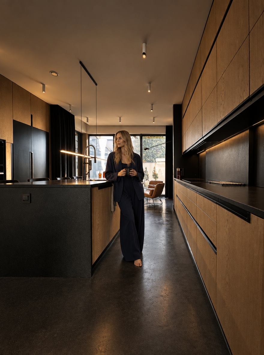 HYPER-REALISTIC ARCHITECTURAL INTERIOR PHOTOGRAPHY — ABSOLUTE REFERENCE PRESERVATION Transform this reference image into an ultra-realistic, high-end architectural lifestyle photograph while preserving absolutely everything visible in the original image. Use the reference image as the exact visual source of truth. The transformation is primarily about photographic realism, material realism, surface texture, lighting, atmosphere, depth, natural imperfections, and realistic human integration. The existing interior design, architecture, finishes, materials, furniture, objects, proportions, perspective and composition must remain unchanged. Do not redesign the interior. Do not reinterpret the interior. Do not replace existing materials. Do not change existing finishes. Do not change the existing colour palette. Do not change the architectural design. Do not change the furniture arrangement. Do not change the composition. The final image must look like the exact same interior photographed professionally with a high-end full-frame camera, with dramatically improved photographic realism and material quality. ================================================== ABSOLUTE PRESERVATION — HIGHEST PRIORITY ================================================== Preserve exactly: - existing architecture - room geometry - proportions - dimensions - walls - ceiling - floor - kitchen island - cabinetry - cabinet layout - tall units - wall panels - backsplash - countertops - appliances - sink - faucet - lighting fixtures - furniture - lounge chair - curtains - decorative objects - accessories - windows - glazing - doors - openings - existing materials - existing colours - existing finishes - object placement - spatial relationships - camera position - camera height - focal-length appearance - perspective - viewing direction - framing - crop - composition - visual hierarchy Do not add architectural elements. Do not remove architectural elements. Do not relocate anything. Do not resize anything. Do not simplify anything. Do not reconstruct anything. Do not modernize anything. Do not make the interior more luxurious by changing its design. Do not make the interior more minimal. Do not change the existing material palette. Do not change the existing colour palette. The original interior design must remain completely intact. ================================================== PRIMARY TRANSFORMATION ================================================== The only intended transformation is: 1. dramatically improve photographic realism 2. improve existing material texture quality 3. improve surface micro-detail 4. improve physically accurate light–material interaction 5. improve realistic reflections 6. improve realistic shadows 7. improve natural depth and tonal transitions 8. improve photographic atmosphere 9. naturally integrate the woman into the existing interior The final image must remain visually identical to the original reference in architecture, design, materials, furniture, objects, spatial relationships, camera and composition. ================================================== OVERALL MOOD ================================================== Create a dark, moody, low-key architectural photography atmosphere. The interior should feel: - warm - quiet - luxurious - sophisticated - intimate - calm - tactile - contemporary - naturally lived-in - architecturally refined Use restrained cinematic underexposure. The image should feel atmospheric and sophisticated rather than dramatically stylized. Maintain deep blacks and controlled shadows while preserving sufficient material information in darker areas. The mood must come from: - realistic exposure - warm artificial light - soft natural daylight - realistic material response - subtle shadow depth - controlled highlights - natural tonal transitions No excessive cinematic stylization. No exaggerated contrast. No crushed shadow detail. No artificial HDR. No excessive bloom. No artificial colour grading. ================================================== LIGHTING — CRITICAL PRIORITY ================================================== Physically accurate architectural photography lighting. Use deliberate cinematic underexposure while maintaining realistic exposure relationships between the interior, woman, furniture, walls, floor, cabinetry, kitchen island, ceiling, and all architectural elements. Warm artificial lighting approximately 2700–3000K remains restrained, soft, directional, and realistic. The warm artificial light should gently graze the existing warm natural wood surfaces and architectural elements, revealing their authentic natural grain, fine pores, subtle surface imperfections, micro-texture, and material depth primarily through controlled highlights and soft shadow transitions. Do NOT turn the existing wood into walnut. Do NOT darken the existing wood. Do NOT make the wood orange. Do NOT make the wood reddish. Do NOT change the existing wood colour. The warm light may create subtle warm tonal influence on the existing wood, but the underlying material and colour must remain faithful to the reference. Natural sunlight remains present and readable. Soft natural daylight enters the space naturally through the existing glazing and interacts with: - the dark floor - kitchen island - existing natural wood cabinetry - original wall surfaces - black architectural elements - countertop - furniture - curtains - decorative objects - the woman Natural daylight should create: - soft realistic highlights - subtle reflections - realistic shadow transitions - believable colour transitions - natural light falloff - physically accurate ambient illumination Maintain realistic exposure relationships between the brighter window area and the darker interior. The window area may remain naturally brighter than the interior, but it should retain believable photographic detail and must not appear artificially blown out. Use realistic: - indirect illumination - global illumination - bounce light - ambient occlusion - contact shadows - cast shadows - reflected light - natural colour bounce - realistic light falloff - physically accurate shadow density The woman must receive exactly the same lighting conditions as the surrounding architecture. Her skin, hair and navy clothing must respond naturally to the same warm artificial light and natural daylight. The woman must NOT appear separately illuminated. No beauty lighting. No studio lighting. No spotlight on the woman. No artificial rim light. No dramatic backlight added specifically for the woman. No artificial glow. No theatrical lighting. No visible light beams. No excessive volumetric light. No excessive bloom. No lens flare. No stylized lighting effects. The final lighting must look as though the entire scene — architecture, furniture, materials and woman — was photographed simultaneously inside the real interior. ================================================== EXISTING WOOD — PRESERVE EXACTLY ================================================== Preserve the existing warm natural wood cabinetry and wall elements exactly as shown in the reference. The existing wood colour must remain unchanged. Do NOT transform it into: - dark walnut - black wood - orange wood - reddish wood - yellow oak - grey wood - artificially stained wood Do not change the apparent species or visual identity of the existing wood. Only improve the realism and texture quality. The existing wood should look like authentic high-end natural architectural veneer photographed in real life. Create extremely realistic: - fine natural grain - subtle longitudinal grain direction - delicate pore structure - microscopic tonal variation - natural growth variation - subtle differences between veneer sheets - realistic veneer transitions - subtle surface irregularities - extremely fine tactile texture - realistic edge definition - natural light absorption - physically accurate reflectivity - subtle dimensional depth The grain should remain relatively calm, elegant and architectural. Avoid exaggerated rustic grain. Avoid dramatic knots. Avoid excessive contrast in the grain. Avoid repetitive patterns. Avoid cloned grain. Avoid procedural texture. Avoid perfectly uniform surfaces. Avoid excessive sharpening. The wood should look more realistic, not different. ================================================== WOOD SURFACE FINISH ================================================== Preserve the existing matte-to-satin appearance. Use subtle, physically accurate reflectivity. The surface should contain: - soft diffuse reflection - extremely subtle highlights - realistic micro-roughness - visible but restrained grain - natural pore structure - slight imperfections - realistic material depth The wood must never appear: - plastic - laminated - artificially glossy - artificially dark - synthetic - flat - CGI-generated ================================================== WALLS — ORIGINAL FINISH PRESERVED ================================================== Preserve the existing wall finish exactly as shown in the reference. Do NOT replace the walls with: - walnut - wood - concrete - stone - marble - decorative plaster - microcement - architectural panels - another material Do NOT change their colour. Do NOT change their geometry. Do NOT add cladding. Do NOT remove wall surfaces. Only improve their texture and photographic realism. The original wall surface should gain subtle: - micro-texture - natural surface irregularities - very fine tonal variation - realistic diffuse response - subtle pores - natural imperfections - believable material depth - realistic interaction with light The texture must remain subtle. It should be visible primarily through realistic light grazing across the surface rather than exaggerated artificial detail. The walls must still look exactly like the original walls. ================================================== CEILING — ORIGINAL FINISH PRESERVED ================================================== Preserve the existing ceiling exactly. Do not change: - colour - geometry - height - surface finish - lighting positions Improve only photographic realism. Create subtle natural tonal variation and realistic light falloff. No artificial texture. No decorative redesign. ================================================== BLACK ELEMENTS ================================================== Preserve all existing black elements exactly. This includes: - black cabinetry - black island - black backsplash - black vertical architectural elements - black curtains - black metal details - black frames - dark floor Do not change their colour. Do not lighten them. Do not replace them. Improve only their physical realism. Black surfaces should retain deep rich blacks while preserving subtle material information. Create realistic: - micro-roughness - soft reflections - subtle tonal variation - natural specular response - fine surface imperfections - realistic light absorption No artificial glossy black. No plastic black. No crushed black detail. No CGI appearance. ================================================== FLOOR — ORIGINAL DARK FINISH PRESERVED ================================================== Keep the existing dark floor exactly as shown in the reference. Do NOT replace it with concrete. Do NOT make it light grey. Do NOT change its colour. Do NOT change its geometry. Do NOT introduce new joints. Only improve its realism. Add extremely subtle: - natural micro-texture - fine surface variation - realistic diffuse reflection - subtle sheen - natural imperfections - physically accurate light reflection - realistic contact shadows The floor must remain dark, elegant and understated. No wet appearance. No mirror-like reflection. No excessive gloss. No plastic appearance. No artificial uniformity. ================================================== COUNTERTOPS ================================================== Preserve the existing countertop exactly. Maintain: - colour - geometry - thickness - edge profile - surface character - spatial position Improve only its physical realism. Create subtle: - mineral variation - micro-texture - realistic roughness - natural tonal variation - physically accurate reflection No material replacement. No colour change. ================================================== BLACK BACKSPLASH ================================================== Preserve the existing black backsplash exactly. Improve only: - surface depth - subtle micro-texture - realistic reflection - micro-roughness - light interaction - tonal variation Keep it dark, sophisticated and understated. No mirror effect. No excessive gloss. ================================================== METAL ELEMENTS ================================================== Preserve all existing metal fixtures and hardware exactly. This includes: - faucet - handles - lighting details - metal frames - other visible metal components Maintain their existing colour and finish. Improve: - realistic metal reflectivity - subtle imperfections - physically correct highlights - realistic edge reflections - natural interaction with surrounding light No exaggerated chrome. No excessive sharp reflections. ================================================== GLASS AND WINDOWS ================================================== Preserve the existing glazing and window frames exactly. Glass should remain physically realistic with: - subtle transparency - realistic reflections - slight atmospheric variation - natural exterior light - physically accurate refraction Do not alter the window dimensions. Do not redesign the glazing. Do not change the exterior architecture visible through the glass. ================================================== CURTAINS AND TEXTILES ================================================== Preserve the existing curtains and textiles exactly. Improve their realism through: - authentic textile structure - subtle individual fibre detail - natural folds - gravity-driven draping - realistic compression - realistic light absorption - natural shadow behaviour No artificial smoothing. No synthetic appearance. ================================================== MATERIAL REALISM ================================================== All materials must exhibit physically accurate behaviour under the existing lighting. Every surface should contain subtle real-world micro-imperfections appropriate to its material. Upholstered fabrics should show: - realistic textile density - subtle individual fibres - soft light absorption - natural creasing - subtle compression - realistic shadow behaviour Stone and mineral surfaces should feel: - heavy - tactile - dense - physically real - subtly porous - naturally varied Glass should remain: - physically transparent - subtly reflective - naturally refractive Metal should remain: - subdued - physically reflective - controlled in its highlights Wood should remain: - natural - warm - tactile - subtly textured - physically dimensional No material should appear excessively glossy or artificially perfect. ================================================== WOMAN — SAME WOMAN AS PREVIOUSLY CREATED ================================================== Add the SAME blonde woman from the previously created reference. She must visually correspond to the exact same woman previously generated. Do NOT generate a different woman. Do NOT create a generic blonde model. Preserve the same: - blonde hair character - hairstyle - facial proportions - facial character - natural expression - body type - body proportions - feminine silhouette - age appearance - overall appearance - relaxed personality - photographic quality She should look like the exact same real woman photographed during the same professional architectural photoshoot. ================================================== WOMAN — NATURAL APPEARANCE ================================================== Naturally beautiful adult blonde woman. Long, loose, softly wavy blonde hair. Warm natural blonde colour with subtle darker blonde roots and realistic tonal variation. Individual hair strands must be visible. Hair should contain: - natural flyaway strands - realistic density - believable volume - subtle irregularities - natural highlights - realistic interaction with ambient light Facial features should be refined but completely natural. Preserve subtle natural facial asymmetry. Skin should contain: - realistic pores - tiny imperfections - subtle tonal variation - believable translucency - physically accurate subsurface scattering - natural highlights - realistic shadow transitions No plastic skin. No airbrushed skin. No artificial beauty filter. No excessive smoothing. No mannequin appearance. No generic AI face. No excessive beauty retouching. ================================================== OUTFIT — SAME DESIGN, DEEP NAVY BLUE ================================================== The woman wears the SAME relaxed two-piece outfit from the original prompt, but the colour is changed to sophisticated deep navy blue. The outfit consists of: - relaxed oversized beige-style tailored blazer silhouette - matching very wide-leg full-length trousers - flowing wide trouser silhouette - relaxed contemporary tailoring - understated luxury aesthetic - premium linen-look textile - matte tactile surface The design, cut, proportions and silhouette must remain the same. Only the colour changes. The outfit colour must be: - deep navy blue - rich dark navy - sophisticated - slightly desaturated - elegant - architectural The navy must remain visibly navy rather than becoming black. Avoid: - bright blue - royal blue - electric blue - cyan - turquoise - purple-blue - overly saturated blue The navy fabric should respond naturally to the warm interior lighting. Warm light may create extremely subtle warm tonal influence on the fabric while the garment remains clearly deep navy. ================================================== CLOTHING REALISM ================================================== The navy outfit must look like genuine premium linen or very high-quality linen-look fabric. Include: - authentic fibre structure - subtle weave visibility - natural weave irregularities - realistic textile density - natural wrinkles - soft creasing - realistic compression - gravity-driven folds - slight irregularity - natural tension around elbows - realistic folds around waist - realistic folds around hips - natural draping around legs - matte light absorption - subtle highlights only where fabric catches light The trousers must remain VERY WIDE, flowing and full-length. The trouser legs should naturally fall toward the floor with realistic weight and gravity. The blazer should remain relaxed and slightly oversized. No synthetic appearance. No plastic texture. No glossy fabric. No excessive stiffness. No fashion illustration. No different outfit. No dress. No skirt. No jeans. No narrow trousers. No leggings. No bright colours. No logos. No unnecessary accessories. ================================================== BAREFOOT ================================================== The woman is barefoot. Her feet must be: - anatomically correct - naturally positioned - correctly proportioned - physically grounded - realistic in scale Use subtle physically accurate contact shadows. No floating feet. No distorted toes. No anatomical errors. ================================================== POSE ================================================== The woman stands naturally and calmly within the existing interior. Her posture is: - relaxed - subtle - elegant - believable - spontaneous Avoid a fashion-model pose. Avoid exaggerated body language. Avoid dramatic gestures. Use natural weight distribution. Relaxed shoulders. Subtle asymmetry. Natural arms and hands. Natural posture. She should look as though she is naturally inhabiting the kitchen during an architectural photoshoot. She should NOT appear to be intentionally posing for the camera. ================================================== HUMAN SCALE ================================================== Maintain physically correct human scale relative to: - kitchen island - cabinetry - countertop - doors - walls - floor - furniture - architectural openings - ceiling height - surrounding objects The woman must be correctly integrated into the spatial perspective. No oversized body. No undersized body. No distorted proportions. ================================================== HYPER-REALISTIC HUMAN DETAIL ================================================== The woman must look completely real. Skin: - realistic pores - subtle fine lines - natural imperfections - realistic tonal variation - believable translucency - soft subsurface scattering - natural highlights - realistic shadow transitions Hair: - individual strands - natural flyaway hairs - realistic density - physically believable volume - subtle tonal variation - natural highlights - realistic interaction with ambient light Hands: - anatomically correct hands - realistic fingers - correct finger proportions - natural joints - subtle skin folds - realistic nails Feet: - anatomically correct - realistic toes - realistic skin texture - natural weight distribution - accurate contact with floor ================================================== INTEGRATION WITH ARCHITECTURE ================================================== The woman must be physically integrated into the existing interior. She must receive exactly the same lighting conditions as the surrounding architecture. Her skin, hair and clothing must respond naturally to the same warm artificial light and natural daylight. Use physically accurate: - indirect illumination - reflected light - colour bounce - ambient occlusion - contact shadows - cast shadows - light falloff - exposure - depth - atmospheric interaction The existing warm natural wood should subtly influence the light falling onto her clothing and skin where physically appropriate. The dark floor should create subtle, physically accurate reflected ambient light. Her navy clothing should absorb and reflect light naturally according to its textile properties. Her presence must feel as if she was physically standing in the interior during the original architectural photoshoot. No cutout appearance. No pasted-on appearance. No halo. No edge artefacts. No mismatched sharpness. No mismatched colour temperature. No mismatched exposure. No artificial compositing. No artificial spotlight. ================================================== CAMERA AND COMPOSITION ================================================== The camera remains COMPLETELY LOCKED. Preserve exactly: - camera position - camera height - focal length - perspective - viewing direction - framing - crop - composition - architectural proportions - spatial relationships Do not move the camera. Do not zoom. Do not crop. Do not change the lens. Do not create another angle. Do not introduce another shot. Do not alter the perspective. The woman must be inserted into the existing composition without changing the framing. ================================================== DEPTH OF FIELD ================================================== Use natural full-frame architectural photography depth of field. Maintain realistic focus relationships between architecture and woman. No artificial excessive background blur. No cinematic fake bokeh. No exaggerated shallow depth of field. The image must retain sufficient architectural detail throughout the scene. ================================================== PHOTOGRAPHIC MICRO-DETAIL ================================================== Extremely realistic micro-contrast and organic sharpness. Natural full-frame camera rendering. Subtle optical characteristics of a professional architectural lens. Natural tonal roll-off. Realistic highlight behaviour. Realistic shadow transitions. Subtle film grain. No oversharpening. No excessive clarity. No HDR appearance. No artificial micro-contrast. No digital noise. ================================================== PHOTOGRAPHIC REALISM ================================================== The final image must look like a genuine high-end architectural photograph captured with a professional full-frame camera. It must NOT look like: - CGI - 3D render - computer-generated visualization - digital illustration - AI-generated interior - stylized image Use: - organic photographic sharpness - realistic micro-contrast - natural tonal roll-off - realistic highlights - realistic shadows - physically accurate reflections - natural material response - subtle optical characteristics - subtle film grain - authentic colour response No artificial perfection. ================================================== FINAL IMAGE QUALITY ================================================== Extreme detail. Hyper-realistic material definition. Organic photographic sharpness. Physically accurate light–material interaction. Natural human realism. Realistic architectural scale. Realistic reflections. Realistic shadows. Realistic textures. Realistic colour grading. Deep blacks. Controlled highlights. Natural tonal roll-off. Subtle film grain. Sophisticated editorial photography aesthetic. The final image must be completely indistinguishable from a real high-end architectural photograph captured on a professional full-frame camera. The architecture must remain exactly as in the reference. The materials must remain exactly as in the reference. The colours of the interior must remain exactly as in the reference. The camera must remain exactly as in the reference. The composition must remain exactly as in the reference. The woman must look like the SAME blonde woman previously created. She must wear the SAME two-piece outfit design, but in deep navy blue. She must appear completely real, natural, anatomically correct, physically grounded, and perfectly integrated into the architectural photograph. ================================================== FINAL NEGATIVE CONSTRAINTS ================================================== NO CHANGE TO ARCHITECTURE. NO CHANGE TO WALL FINISH. NO CHANGE TO FLOOR FINISH. NO CHANGE TO WOOD COLOUR. NO DARK WALNUT. NO LIGHT CONCRETE. NO MATERIAL REPLACEMENT. NO CHANGE TO CABINETRY. NO CHANGE TO FURNITURE. NO CHANGE TO OBJECT PLACEMENT. NO CHANGE TO LIGHTING DESIGN. NO CHANGE TO CAMERA. NO CHANGE TO PERSPECTIVE. NO CHANGE TO COMPOSITION. NO REDESIGN. NO REARRANGEMENT. NO NEW ARCHITECTURAL ELEMENTS. NO CGI LOOK. NO 3D RENDER LOOK. NO AI-GENERATED LOOK. NO DIGITAL ILLUSTRATION. NO STYLIZATION. NO ARTIFICIAL PERFECTION. NO PLASTIC MATERIALS. NO PLASTIC SKIN. NO FAKE WOOD GRAIN. NO PROCEDURAL TEXTURES. NO CLONED TEXTURES. NO EXCESSIVE WOOD GRAIN. NO EXCESSIVE GLOSS. NO ARTIFICIAL MIRROR REFLECTIONS. NO ARTIFICIAL HDR. NO EXCESSIVE SHARPNESS. NO ARTIFICIAL BOKEH. NO THEATRICAL LIGHTING. NO LIGHT BEAMS. NO LENS FLARE. NO EXCESSIVE BLOOM. NO ARTIFICIAL SPOTLIGHT ON WOMAN. NO BEAUTY LIGHTING. NO FASHION-MODEL POSE. NO CHILDREN. NO ADDITIONAL PEOPLE. NO DIFFERENT WOMAN. NO GENERIC AI FACE. NO BEAUTY FILTER. NO MANNEQUIN APPEARANCE. NO DISTORTED HANDS. NO DISTORTED FEET. NO ANATOMICAL ERRORS. NO FLOATING BODY. NO CUTOUT EFFECT. NO HALO. NO EDGE ARTEFACTS. NO COMPOSITING ARTEFACTS. NO MISMATCHED LIGHTING. NO MISMATCHED EXPOSURE. NO MISMATCHED COLOUR TEMPERATURE. NO MISMATCHED SHARPNESS. ================================================== FINAL DIRECTIVE ================================================== Preserve the exact original kitchen. Preserve the exact original architecture. Preserve the exact original materials. Preserve the exact original wall finish. Preserve the exact original warm natural wood. Preserve the exact original dark floor. Preserve the exact original black elements. Preserve the exact original furniture and objects. Preserve the exact original camera and composition. Improve ONLY photographic realism, material texture, micro-detail, lighting realism, surface depth, reflections, shadows and natural human integration. Maintain the dark, moody, warm, sophisticated luxury atmosphere of the original prompt. Use realistic 2700–3000K warm artificial lighting combined with soft natural daylight. Keep the interior deliberately slightly underexposed while preserving realistic material information. The woman must be the same blonde woman as previously created. She must wear the same wide-leg two-piece outfit design in sophisticated deep navy blue. She must look physically present inside the space, naturally illuminated by the exact same lighting as the architecture. The final result must look like a real professional architectural photograph, not a redesigned interior and not a CGI visualization.