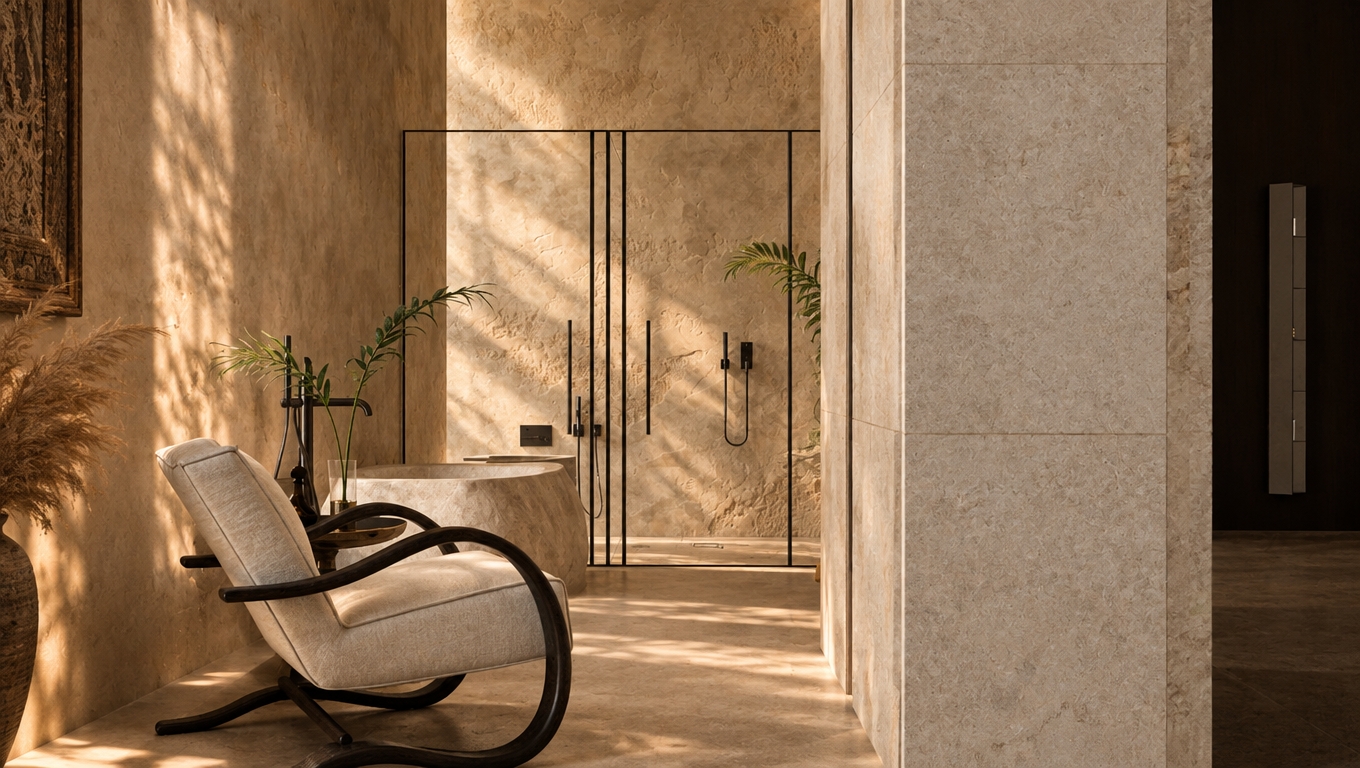 An incredibly lifelike, richly detailed, photorealistic interior shot of a serene bathroom oasis set in a luxurious, globally-inspired sanctuary. The scene is illuminated by soft, diffused golden hour light filtering through, creating a warm, contemplative, and soulful bohemian atmosphere. Captured with a 35mm lens, emphasizing the intricate tactile textures of the raw, lime-washed earth-toned walls that provide a rustic backdrop for a sleek, contemporary bathroom suite. A sculptural, organic-form stone bathtub sits adjacent to a minimalist glass-enclosed shower area, where matte black fixtures offer a striking modern contrast. In the foreground, a stylish armchair with a curved black frame and light linen upholstery serves as a quiet retreat, accented by a slender glass vase holding delicate, vibrant greenery. The floor is composed of a seamless, earthy neutral stone, while the space feels layered and free-spirited with touches of vintage-collected decor, a whisper of pampas grass, and a sophisticated interplay between brutalist architectural geometry and soft, handcrafted artisanal details. The composition balances the expansive, textured wall surfaces with the intimacy of the lounge area, resulting in a composition that feels both grounded and ethereal, as if pulled from the pages of a high-end architectural photography book.