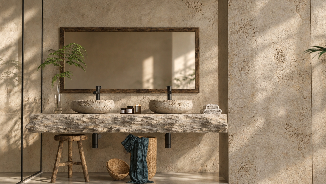 An incredibly lifelike, richly detailed, photorealistic medium-shot of a serene bohemian bathroom oasis set in a sun-drenched, tranquil home. The scene is illuminated by soft, diffused natural light filtering in from an unseen source, creating a warm, earthy, and deeply tranquil atmosphere. Captured with a 35mm lens, the rendering emphasizes the tactile richness of the rough-hewn, raw stone vanity top and the heavy, hand-carved textures of the surrounding beige plastered walls. A sleek, dark-framed rectangular mirror floats above dual natural stone vessel sinks, flanked by delicate sprigs of greenery that introduce organic movement to the structured geometry of the space. Below the floating vanity, a rustic wooden stool sits beside a woven rattan basket holding a crumpled, deep-teal textile, while scattered vintage apothecary bottles add a collected, global character to the surface. The palette is a masterclass in earthy neutrals—sand, limestone, and muted clay—complemented by the rich, dark metallic finish of the minimalist faucet fixtures and the subtle shadow play across the distressed wall surfaces, evoking a sense of grounded, free-spirited luxury typical of a high-end design photography book.