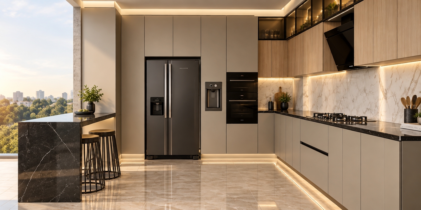 A high-end architectural photograph capturing the exact kitchen layout, featuring tall cabinetry finished in matte greige with black Gola profiles, alongside light oak middle uppers and smoked glass top cabinets illuminated by warm interior LEDs. The countertops are executed in polished black marble with subtle white veining, contrasted by a full-height polished white marble slab backsplash. Integrated appliances, including the double-door refrigerator, built-in ovens, cooktop, and slanted range hood, appear in sleek matte black finishes. The floor consists of large-format glossy beige marble tiles subtly catching reflections from soft under-cabinet LED strips and warm natural daylight. Captured on a wide-angle architectural lens with balanced exposure, sharp focus across all cabinetry, gentle natural vignetting, and clean, realistic material textures throughout.