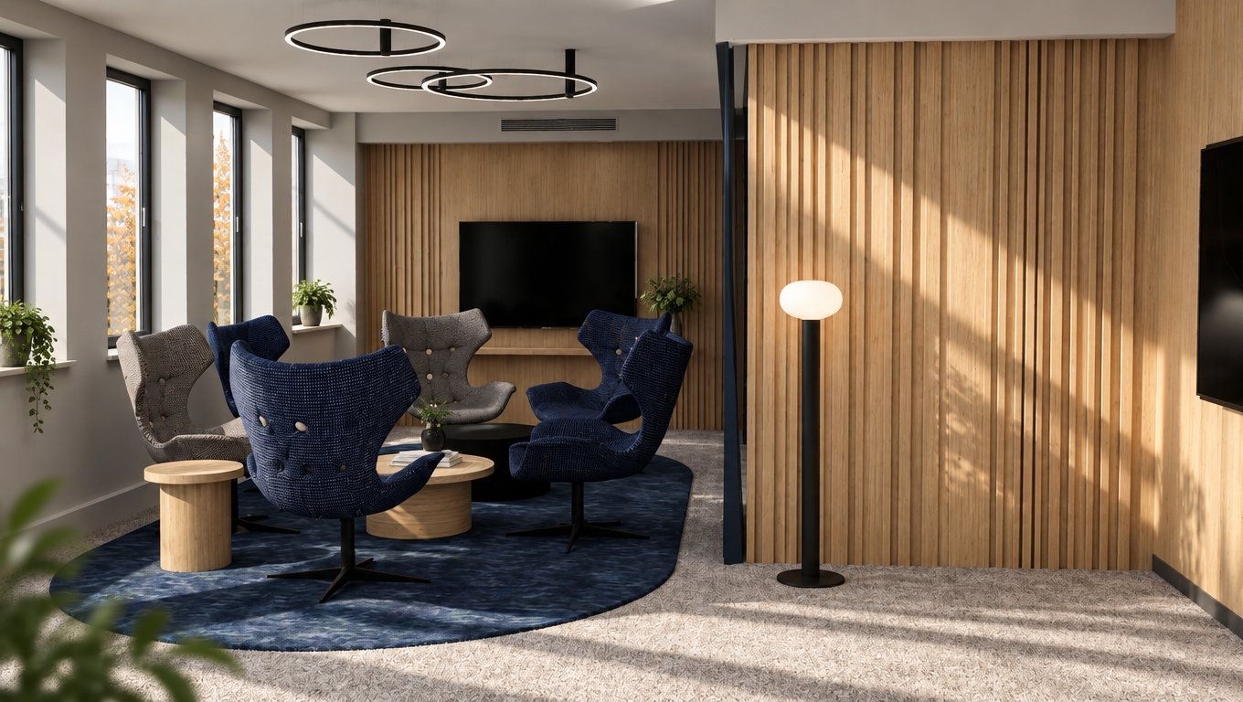 A professional architectural photograph of the modern lounge interior bathed in crisp, natural autumn midday sunlight streaming through the windows, casting defined yet soft-edged diagonal shadows across the carpeted floor and light oak slatted walls. The wingback chairs feature realistic, tactile woven upholstery textures with subtle fabric folds, paired with the organic matte grain of the wooden tables and the soft pile of the deep blue area rug. Balanced ambient fill from the circular ceiling luminaires and glowing floor lamp complements the daylight, captured with balanced exposure, sharp photographic clarity, fine natural sensor grain, and gentle edge falloff while maintaining the exact composition and structure.